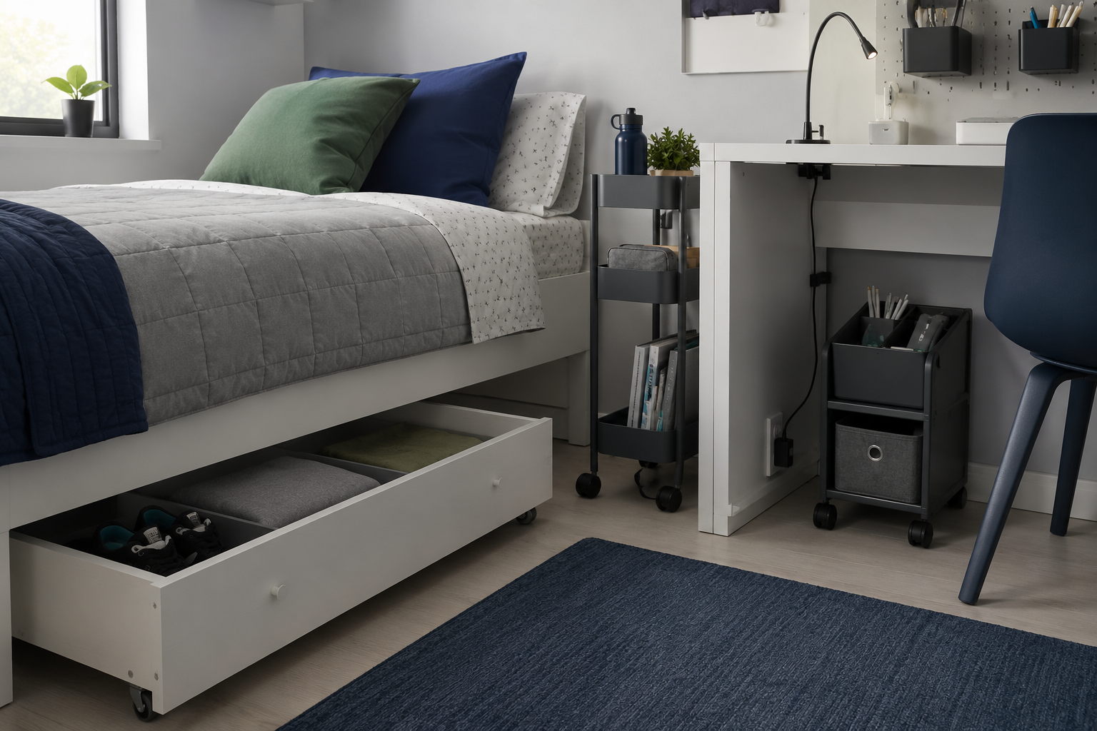 Small Kids Room Solutions - Ravnora Decor Under-bed drawer, compact under-desk storage, rolling cart and small task light using overlooked zones in a small kids room.