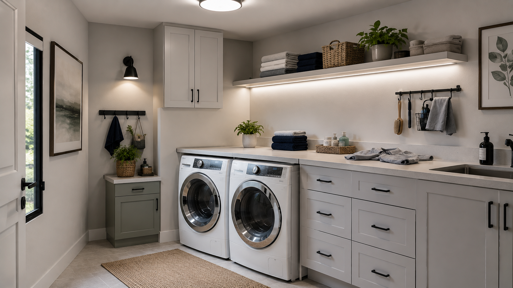 Laundry Lighting - Ravnora Decor Finished contemporary laundry room with restrained ceiling, counter-task and supporting lighting while appliance access remains clear.