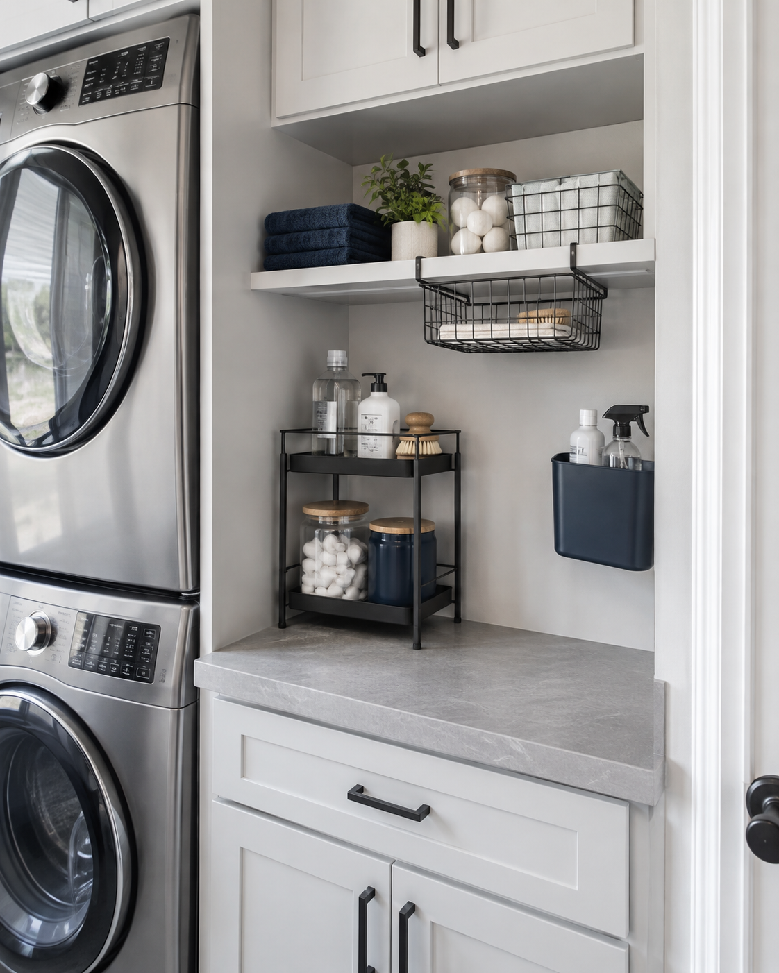 Narrow laundry counter kept open by moving backup supplies into under-shelf, slim vertical and adjacent organizers.