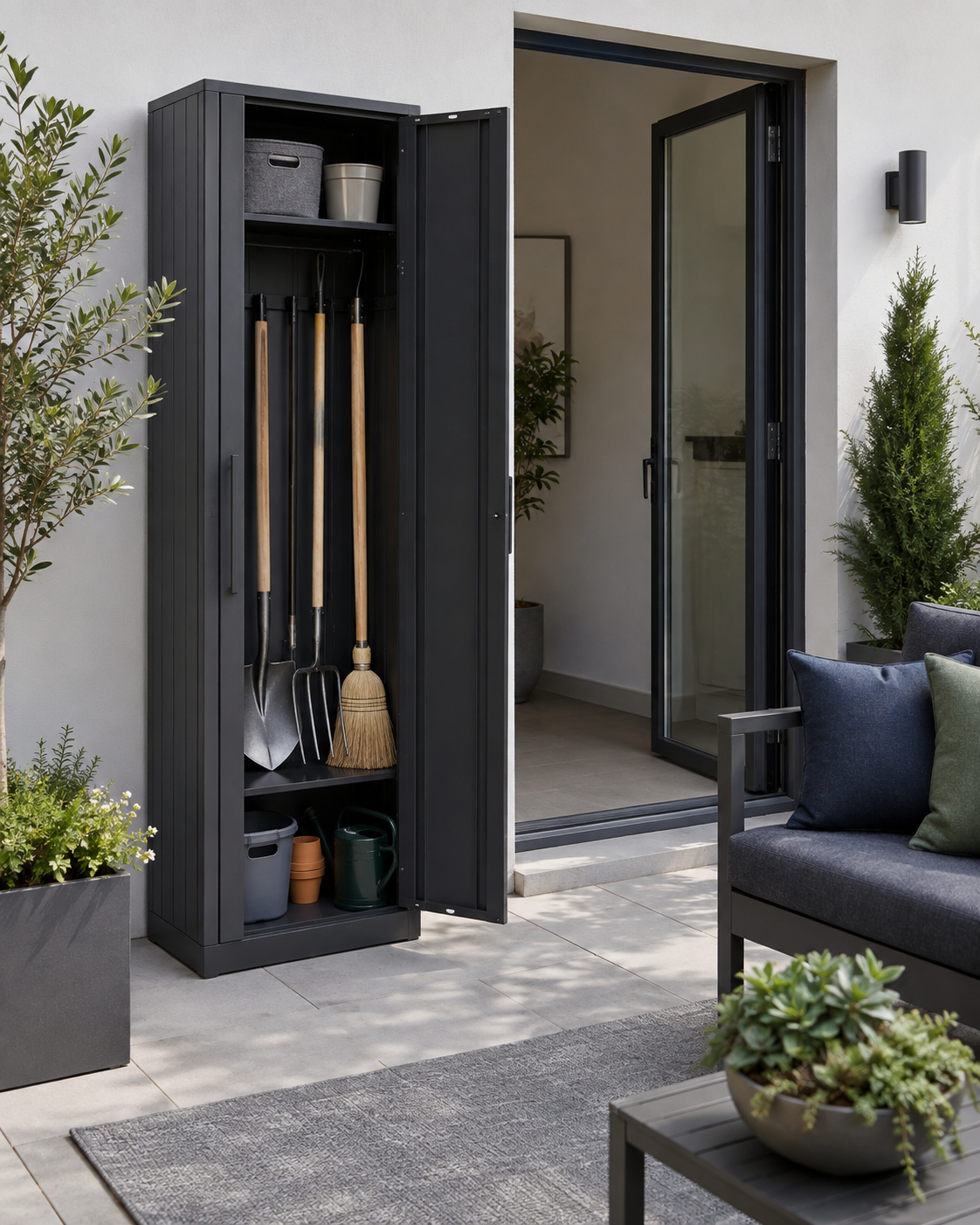 Tall charcoal outdoor storage cabinet beside a patio door organizing garden tools while leaving the walkway clear.