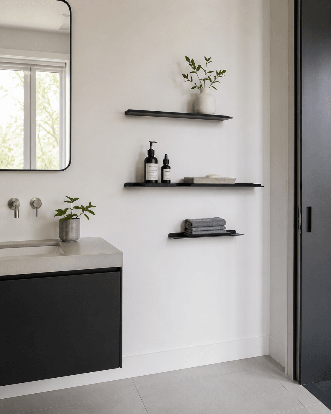Slim metal floating shelves beside a bathroom vanity using very little wall depth