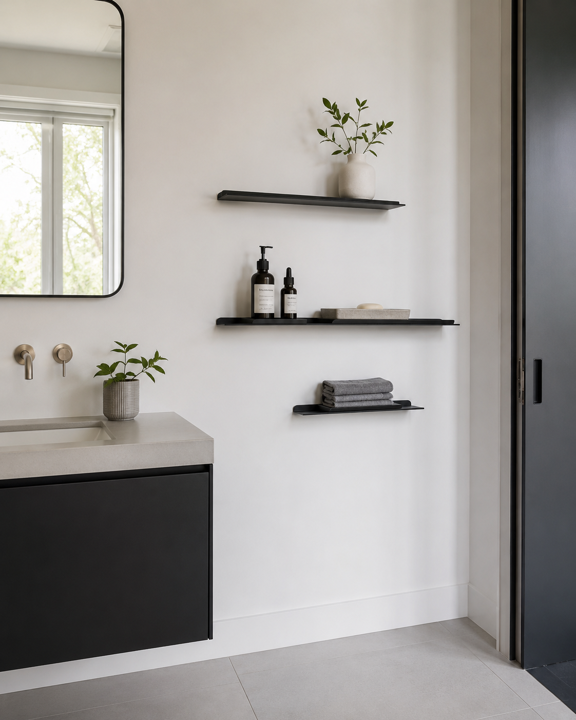 Slim metal floating shelves beside a bathroom vanity using very little wall depth