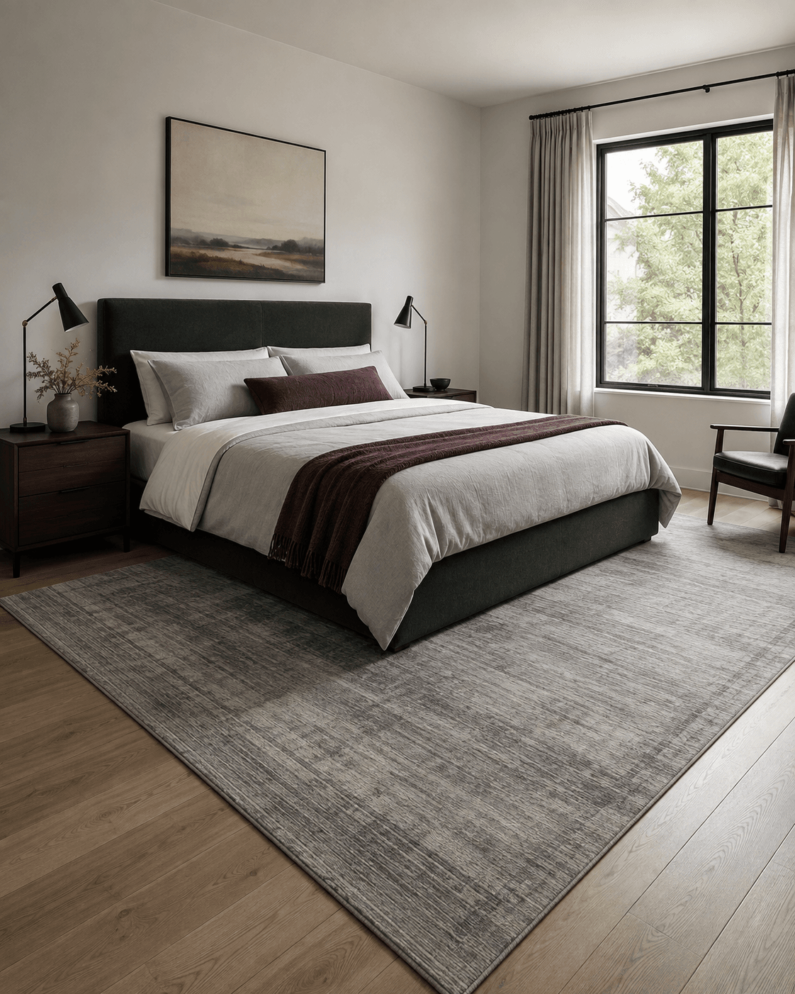 Calm contemporary bedroom anchored by a large subtle low-pile rug beneath the bed.