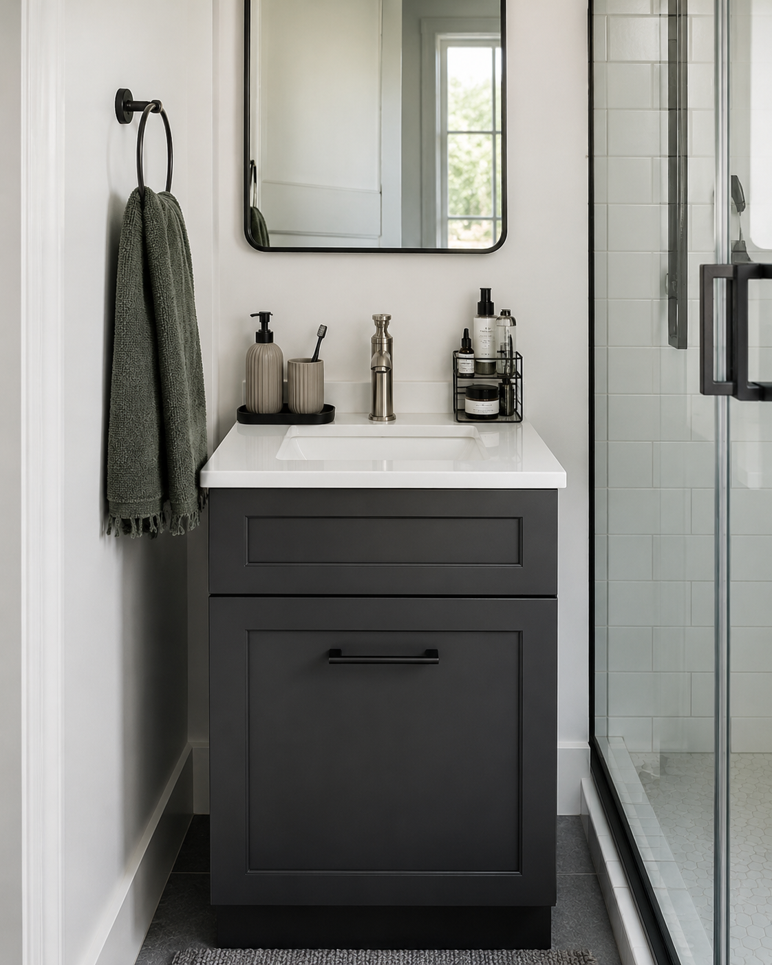 Small bathroom vanity using a minimal tray, dispenser, toothbrush holder and compact organizer