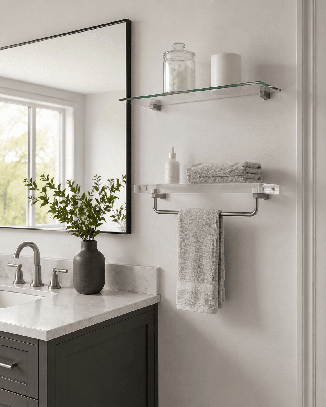 Clear glass bathroom shelves and an integrated towel bar creating visually light vanity storage