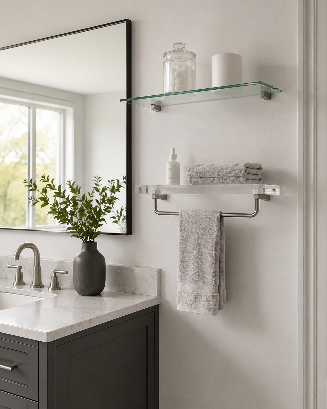 Clear glass bathroom shelves and an integrated towel bar creating visually light vanity storage