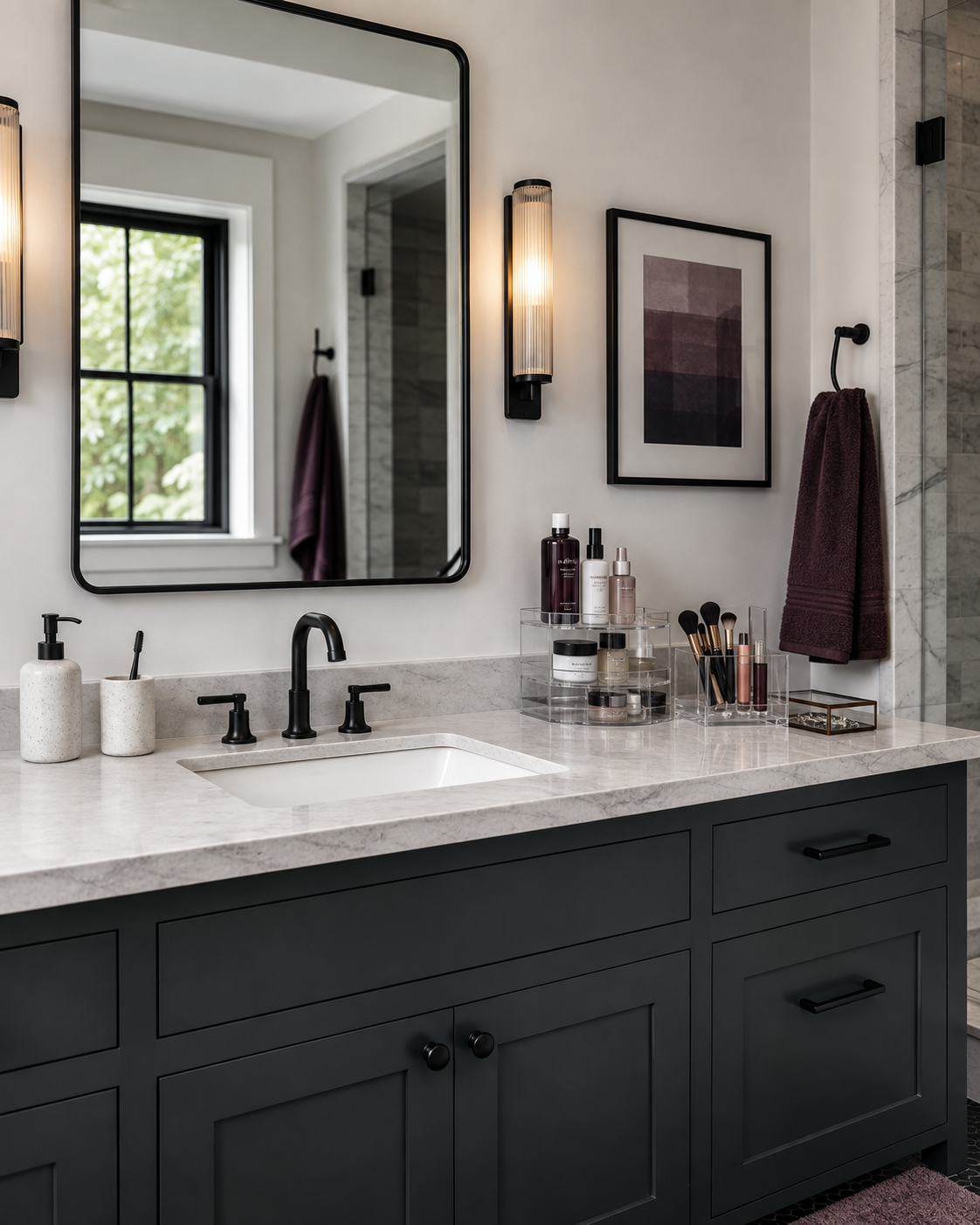 Bathroom vanity with skincare and makeup contained in compact vertical organizers