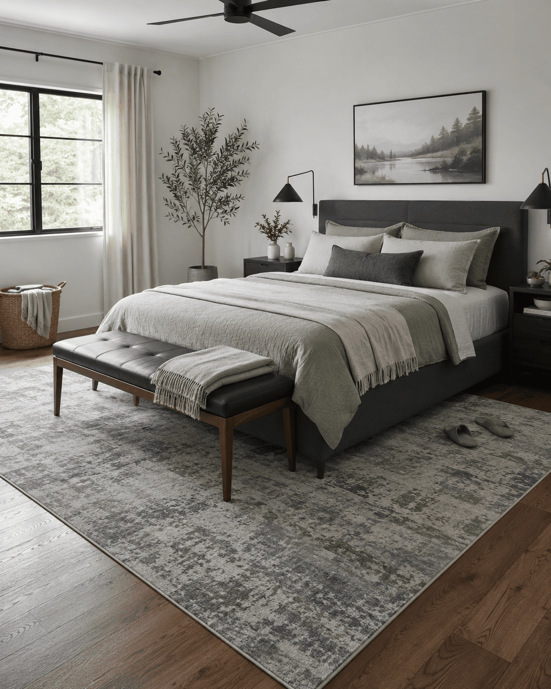 Contemporary bedroom with a correctly scaled thin low-pile rug illustrating an easy-care rug approach.