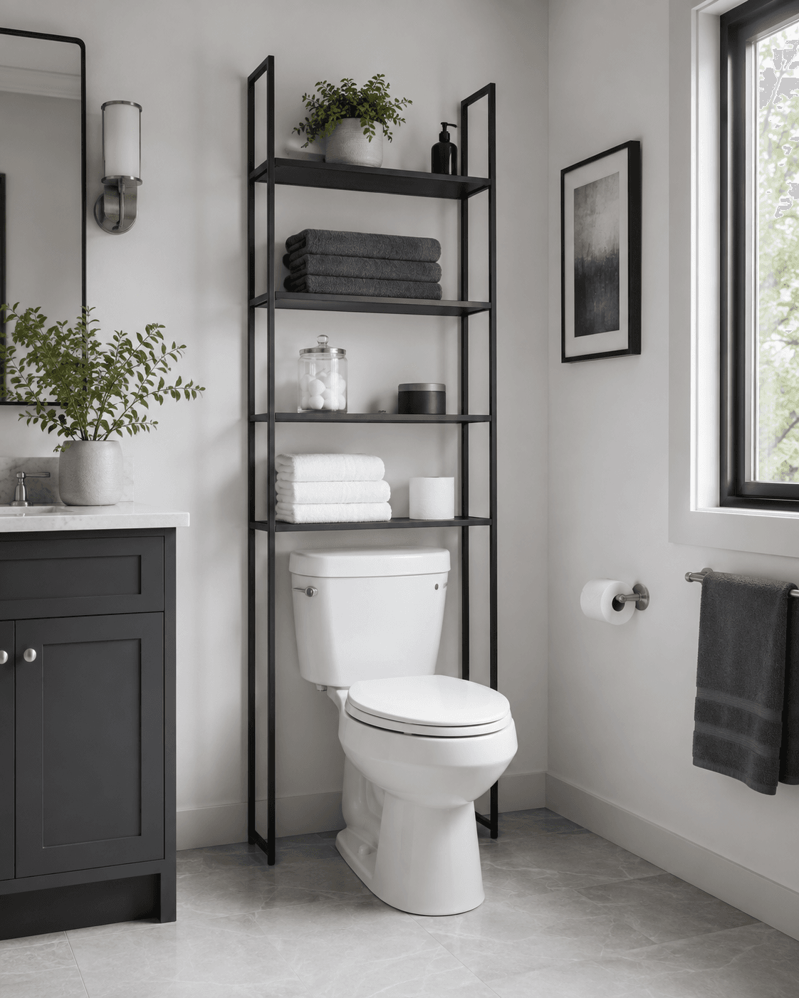 Slim over-toilet shelving using vertical wall height while preserving bathroom floor space