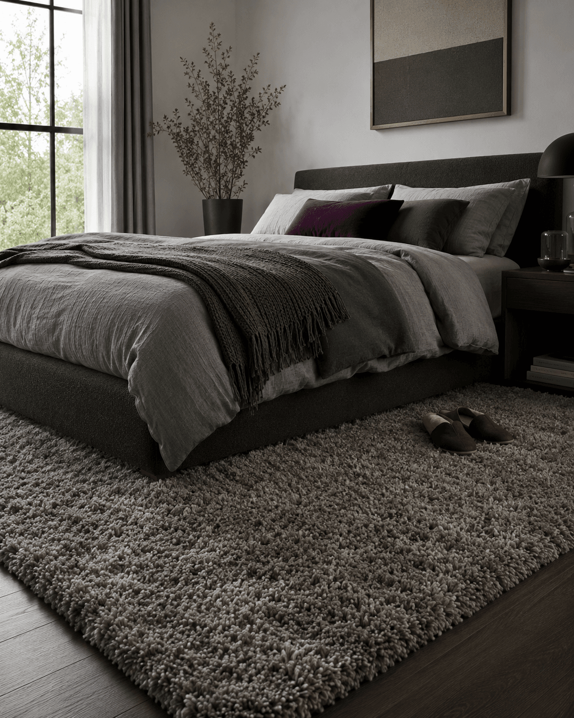 Contemporary bedroom with a soft high-pile rug positioned for comfortable barefoot landing beside the bed.