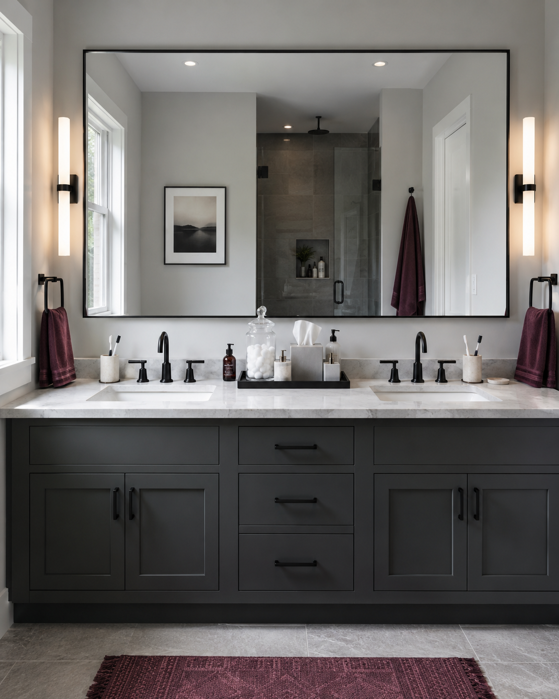 Shared double vanity with separate personal zones and centralized shared bathroom accessories