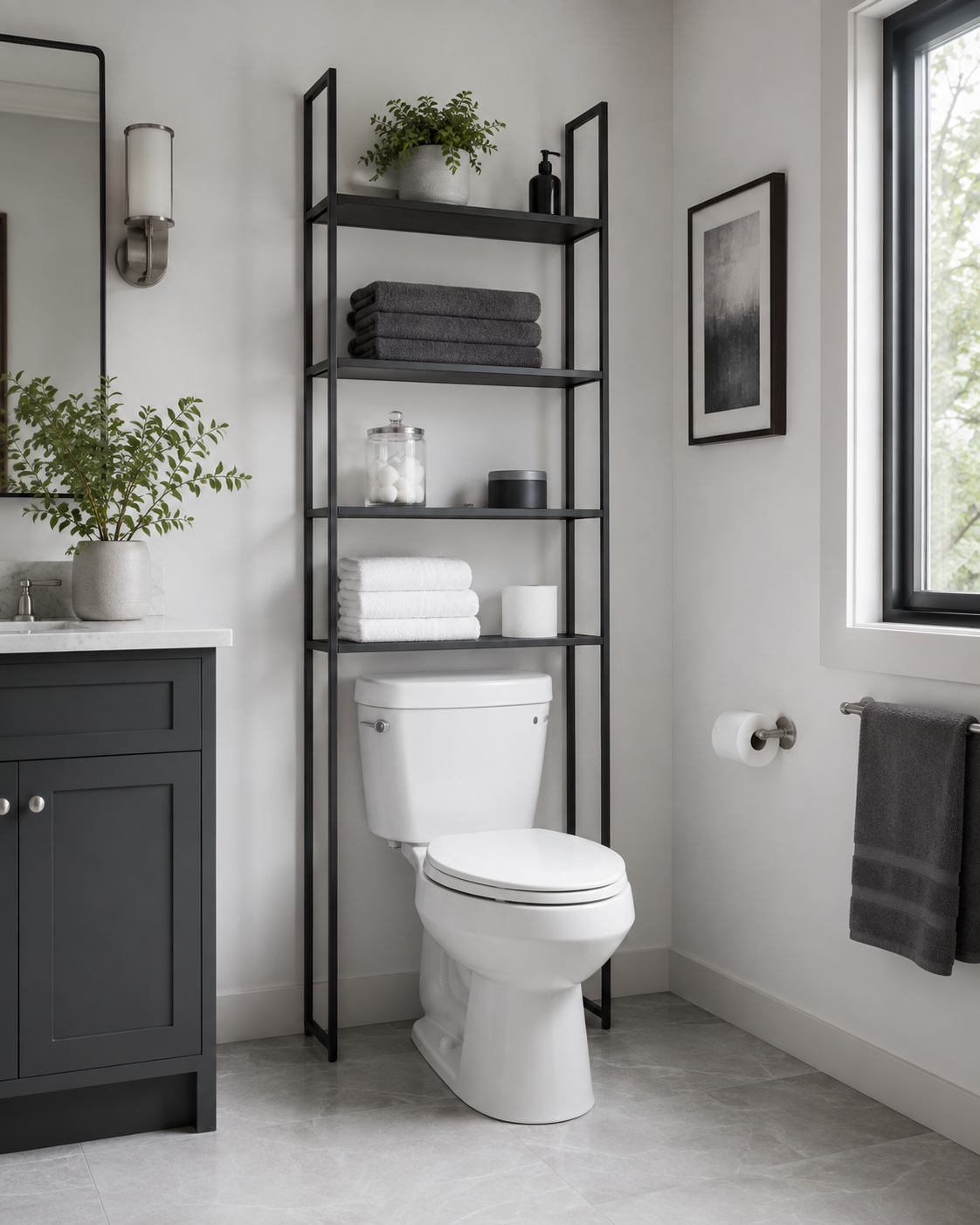 Slim over-toilet shelving using vertical wall height while preserving bathroom floor space