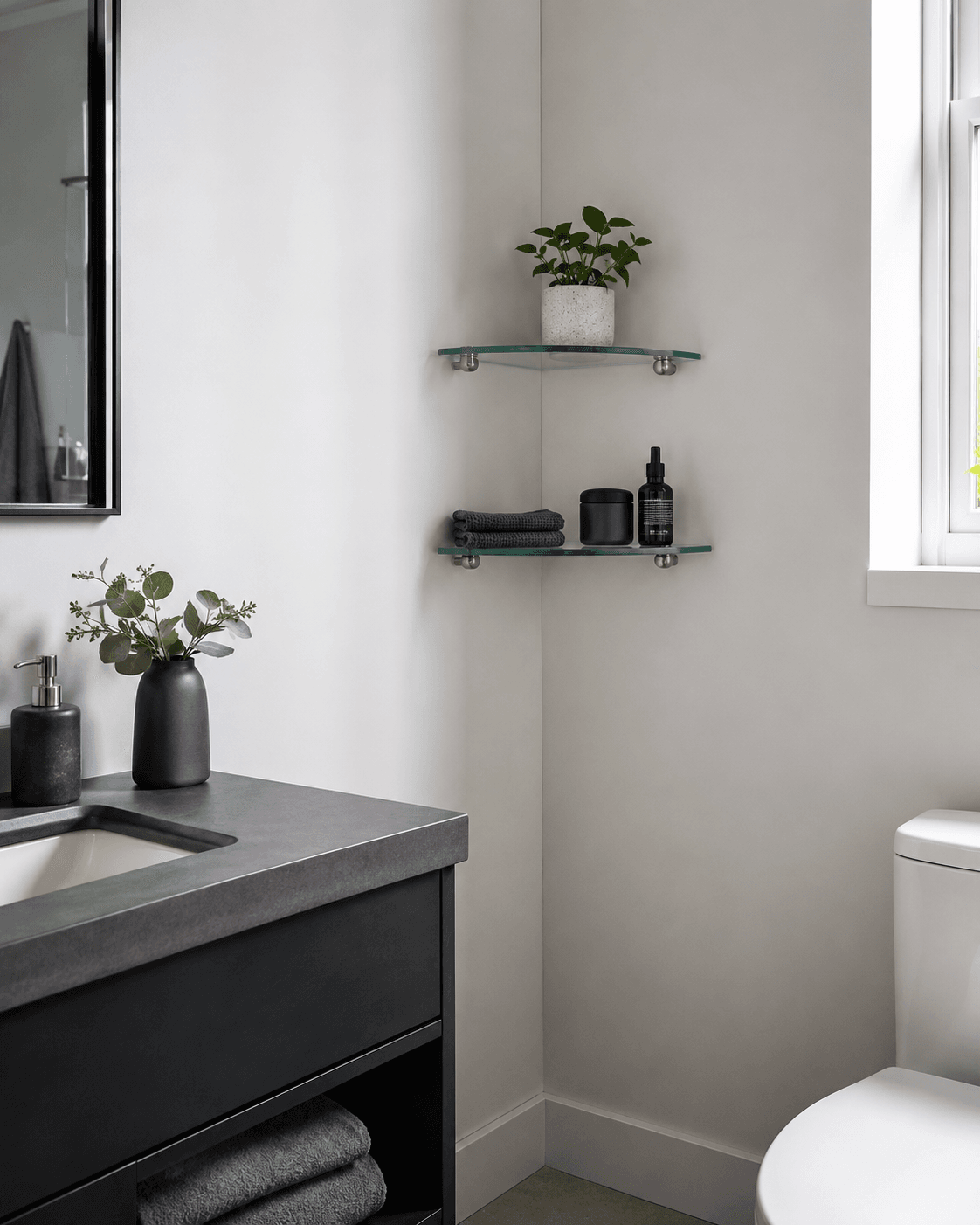 Compact wall-mounted shelves turning a dry bathroom corner into useful storage