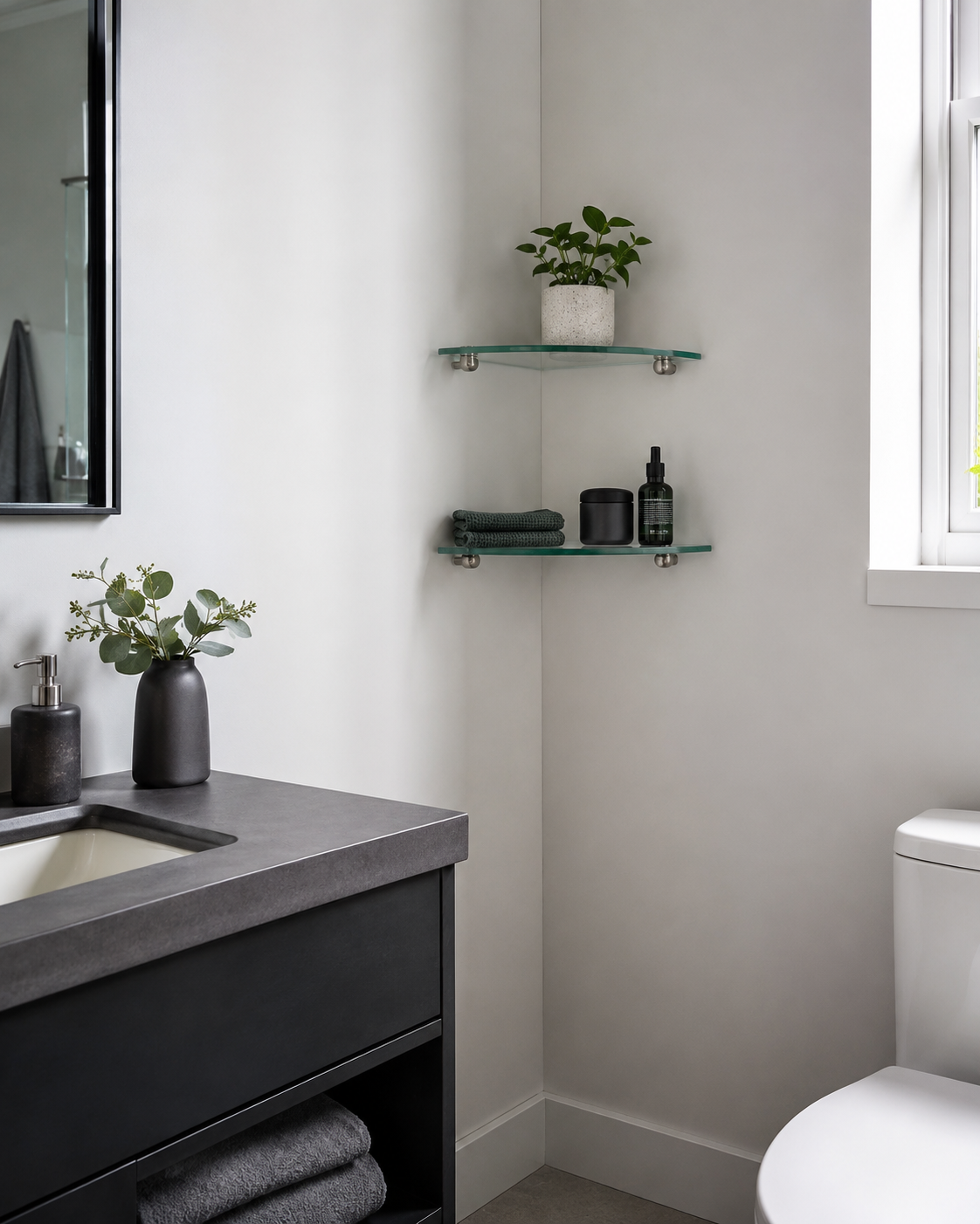 Compact wall-mounted shelves turning a dry bathroom corner into useful storage