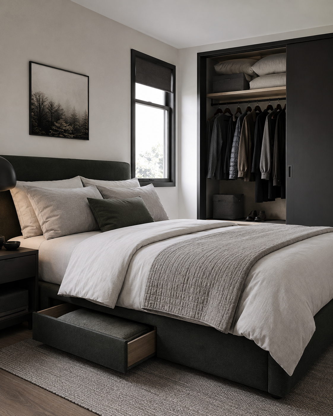 Compact bedroom using concealed under-bed and closet storage.