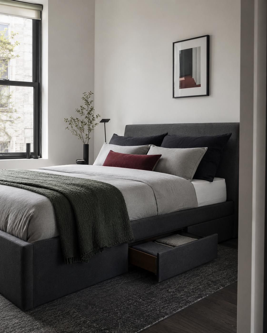 Small bedroom using under-bed storage so the bed performs more than one function.