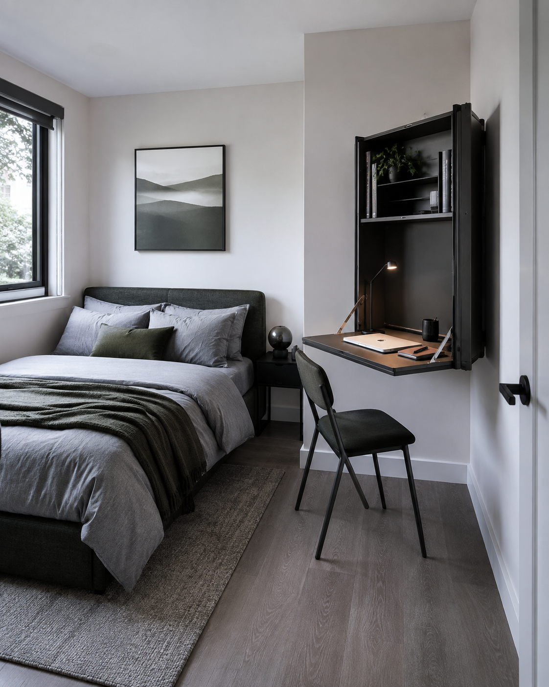 Small bedroom using a fold-down work surface that can disappear when not needed.