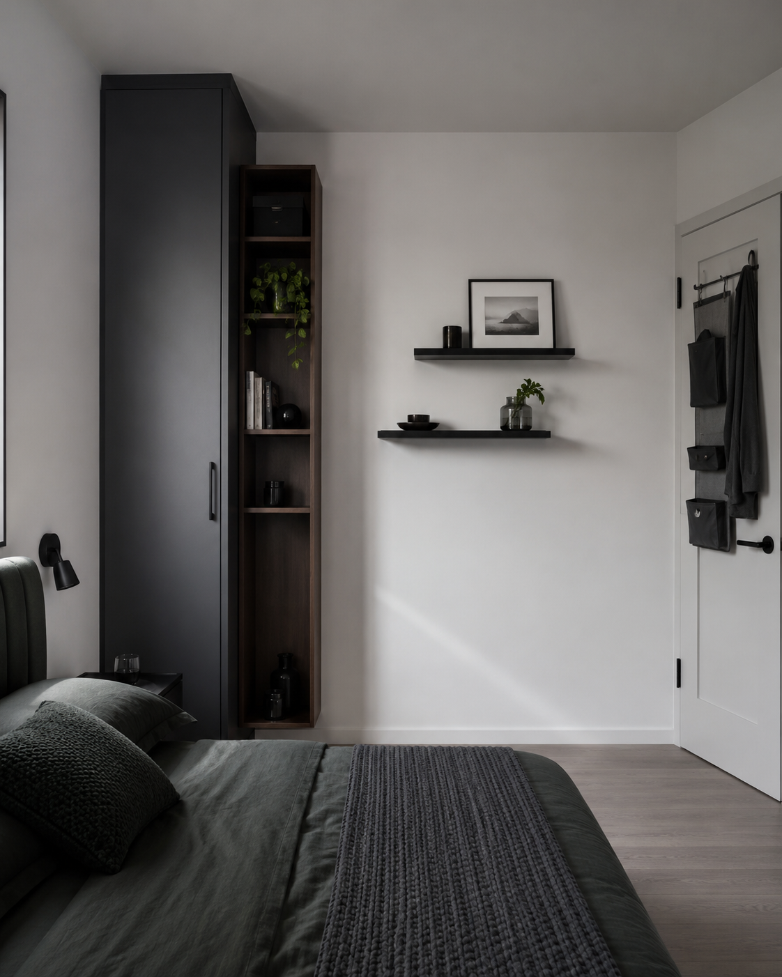 Small bedroom using tall narrow storage and selective wall-mounted organization.
