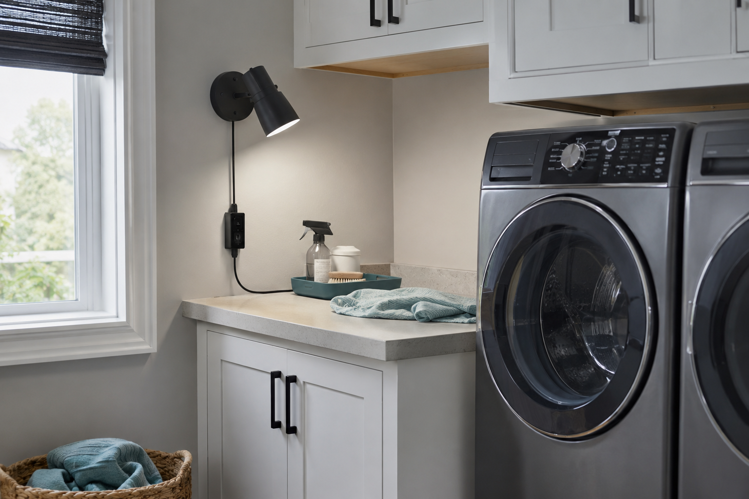 Laundry Lighting - Ravnora Decor Directional wall-mounted task light aimed at a laundry treatment counter while preserving appliance clearance.