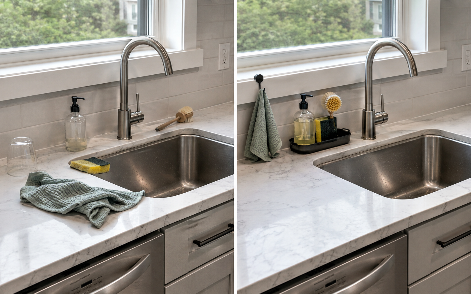 Kitchen sink before and after giving the sponge, brush, soap and cloth dedicated parking locations.
