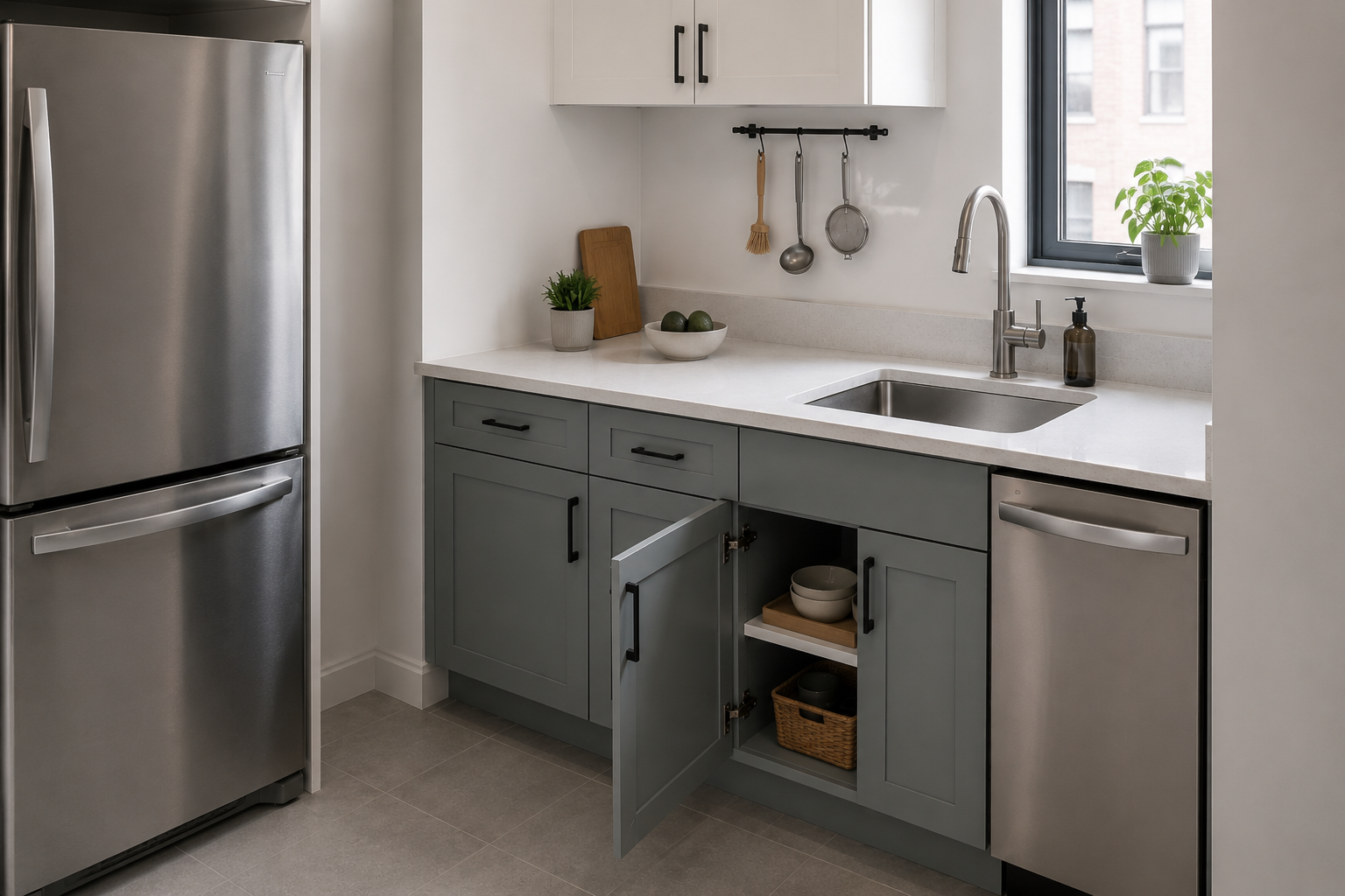 Compact kitchen room map used to compare counter, sink, cabinet, wall and narrow-gap storage zones
