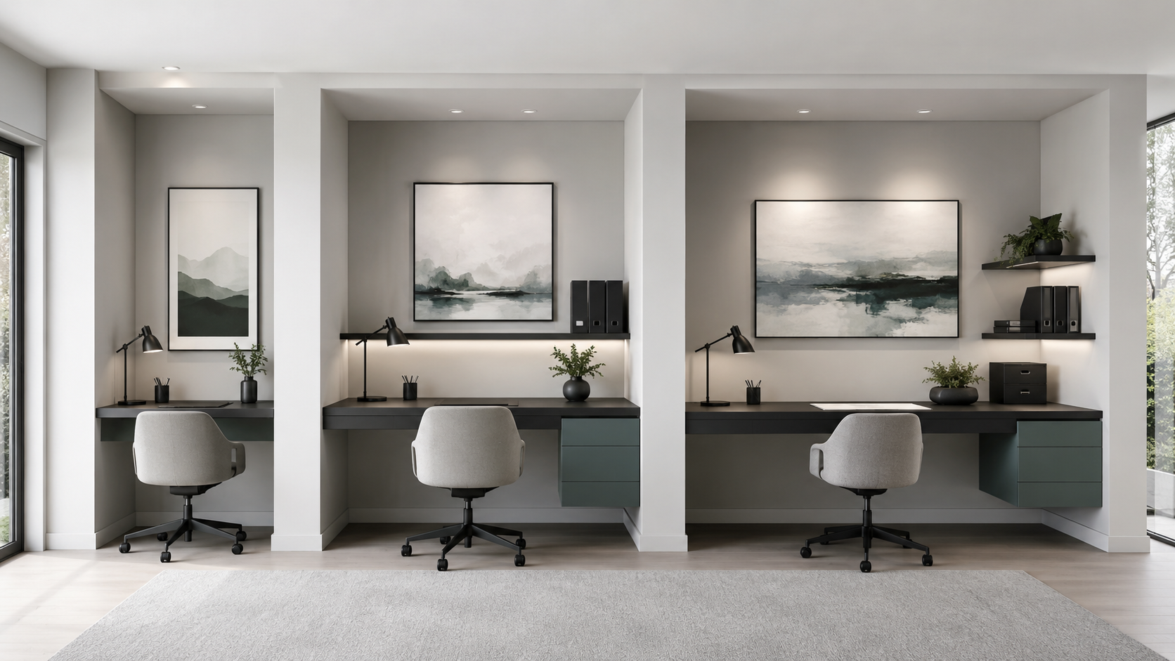 Home office using controlled shelving above the working desk