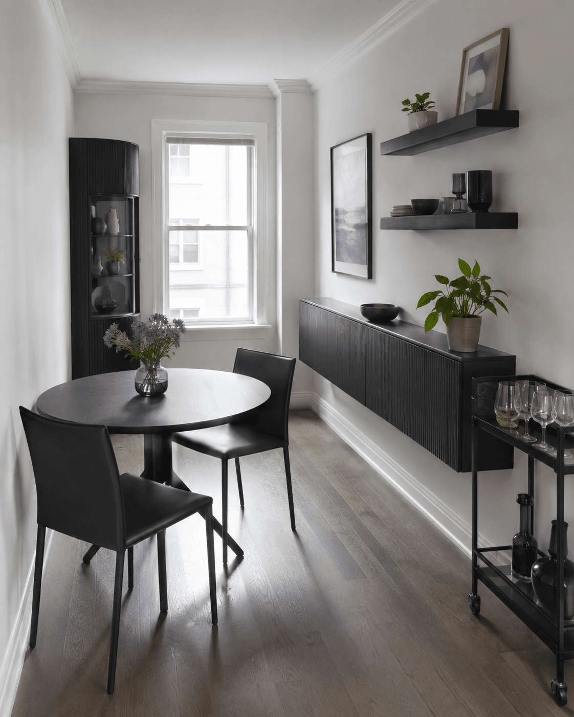 Contemporary small dining room with wall storage, corner cabinet and compact serving cart
