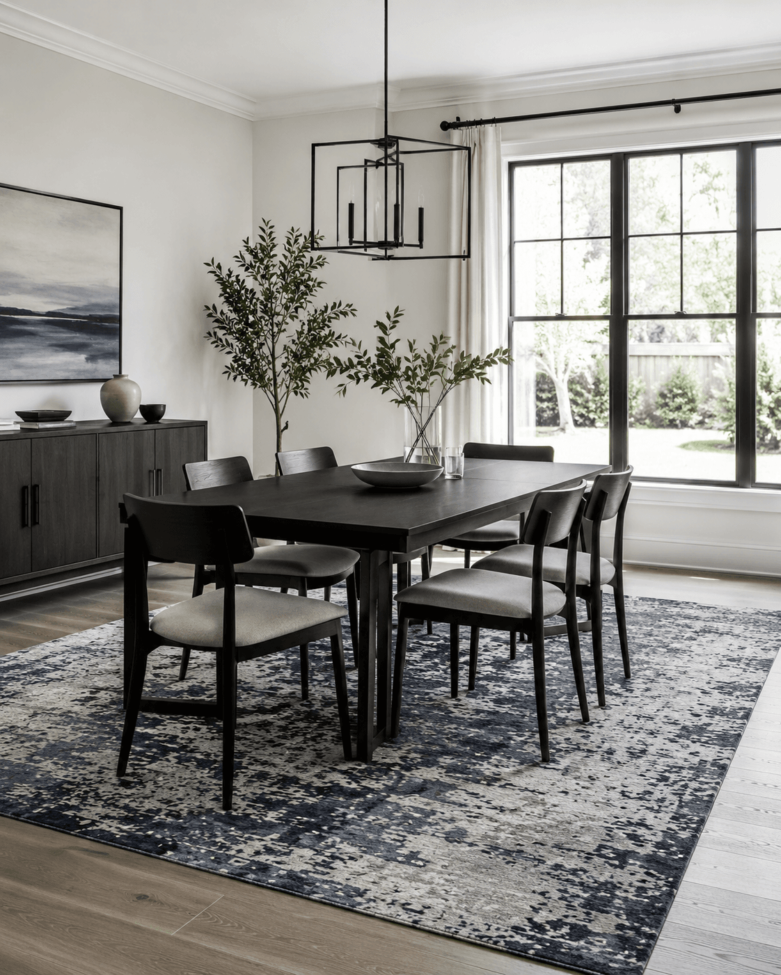Dining Room Rugs - Ravnora Decor Modern dining room with a large blue-gray low-profile rug suited to everyday easy-care use.