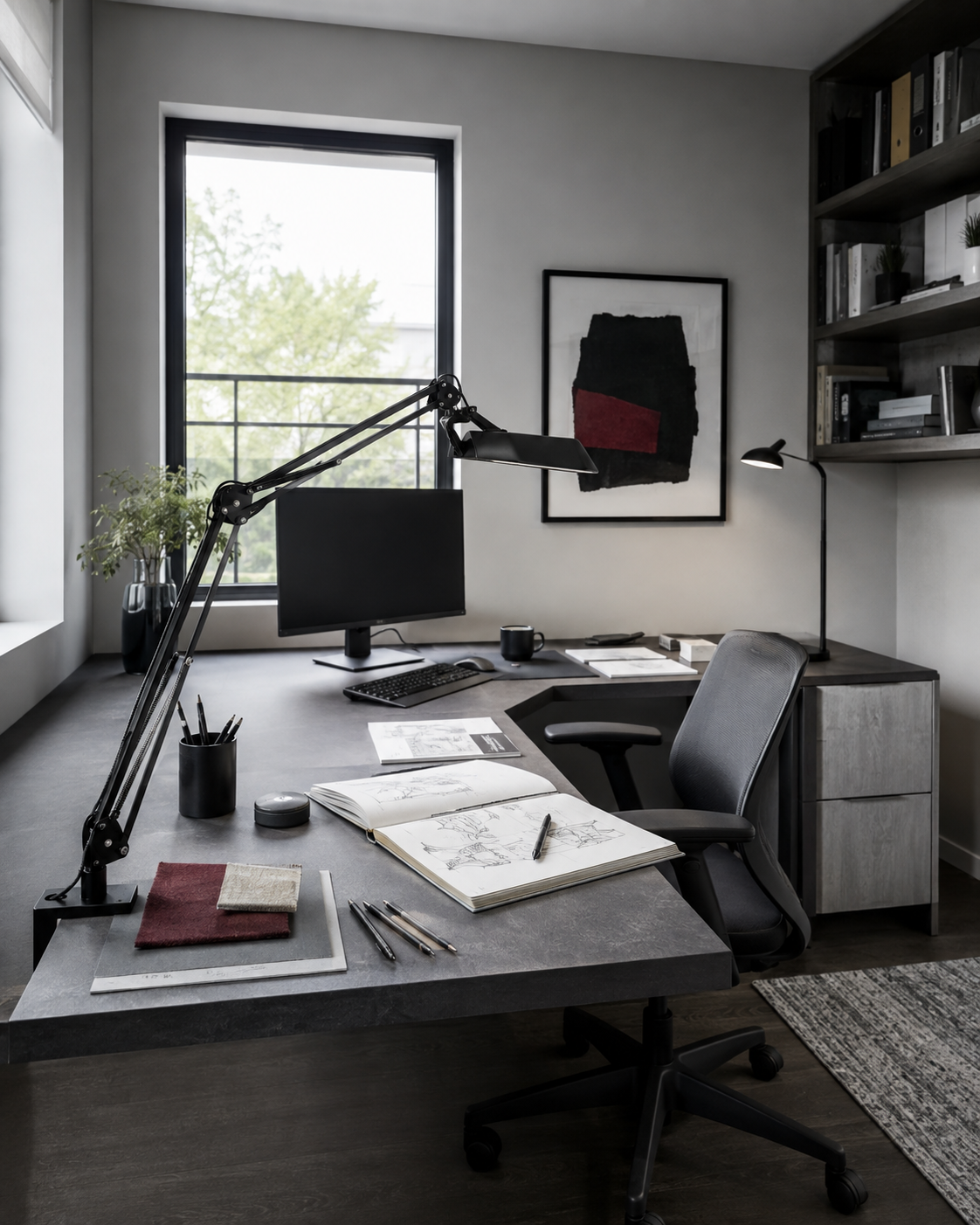 Wide home office desk with broad articulated task lighting