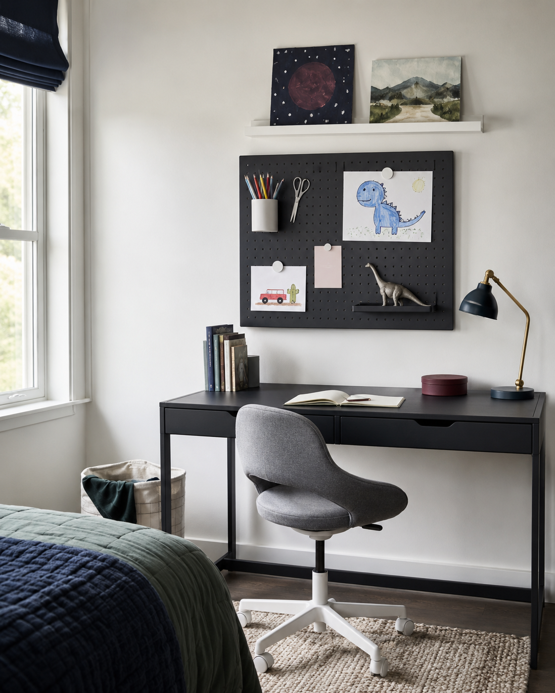 Contemporary kids study wall combining a pegboard, rotating artwork and a practical desk display.