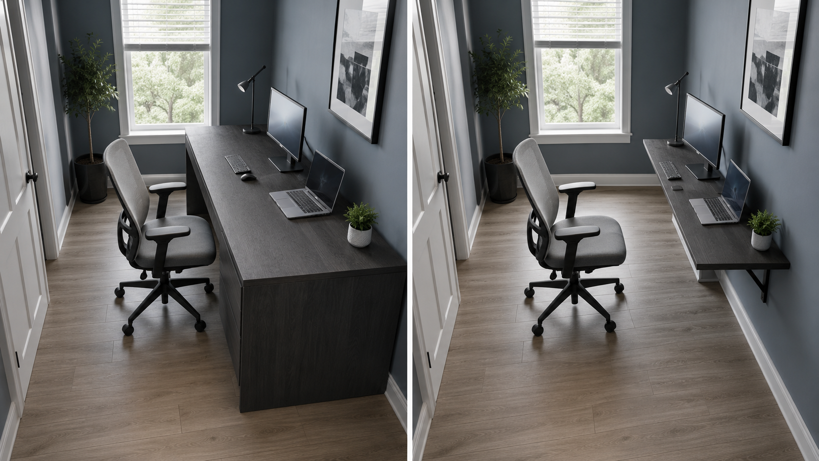 Side-by-side home office comparison showing a crowded workstation and a smaller-footprint solution.