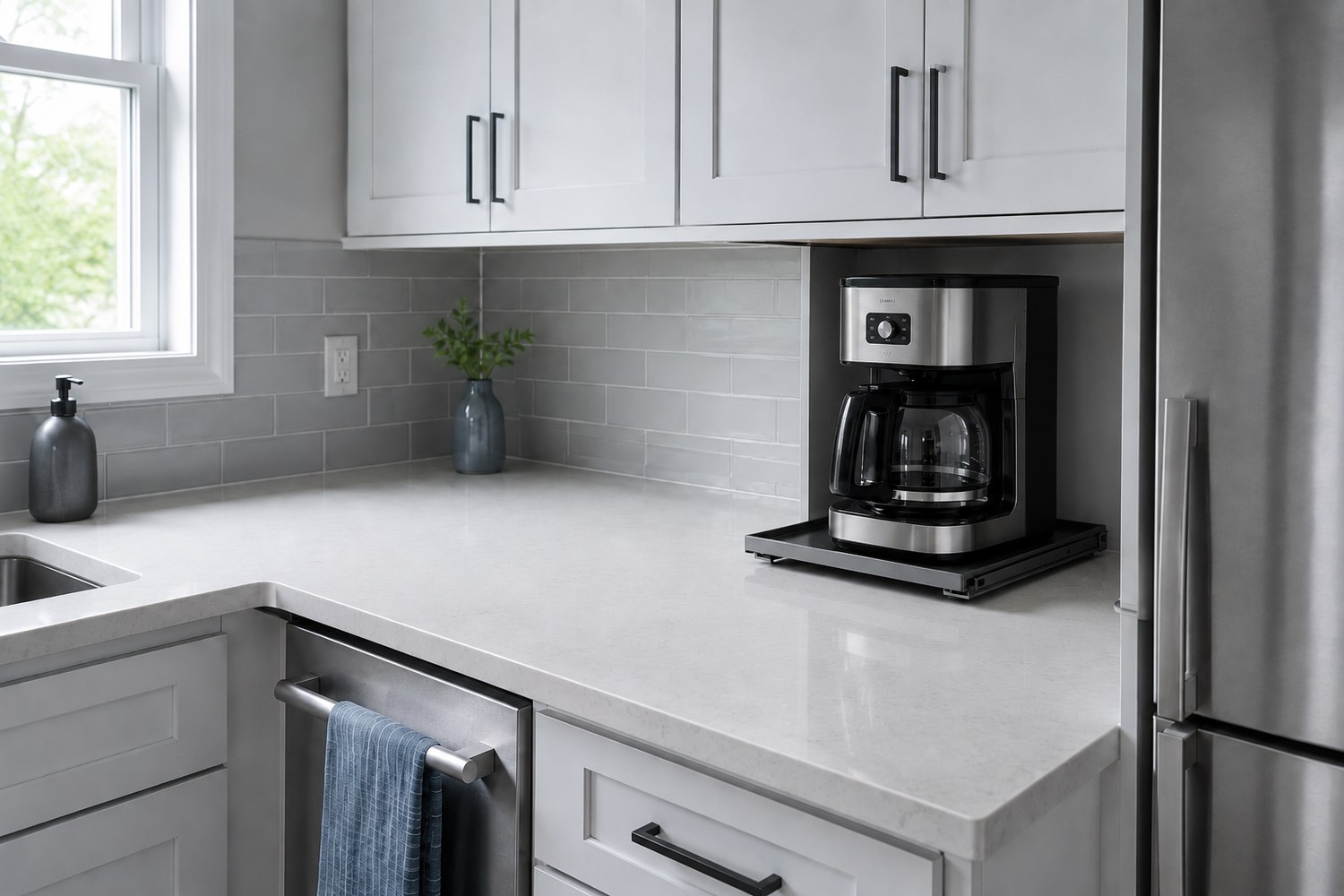 Modern kitchen appliance on a sliding countertop tray parked beneath an upper cabinet beside a clear preparation area.