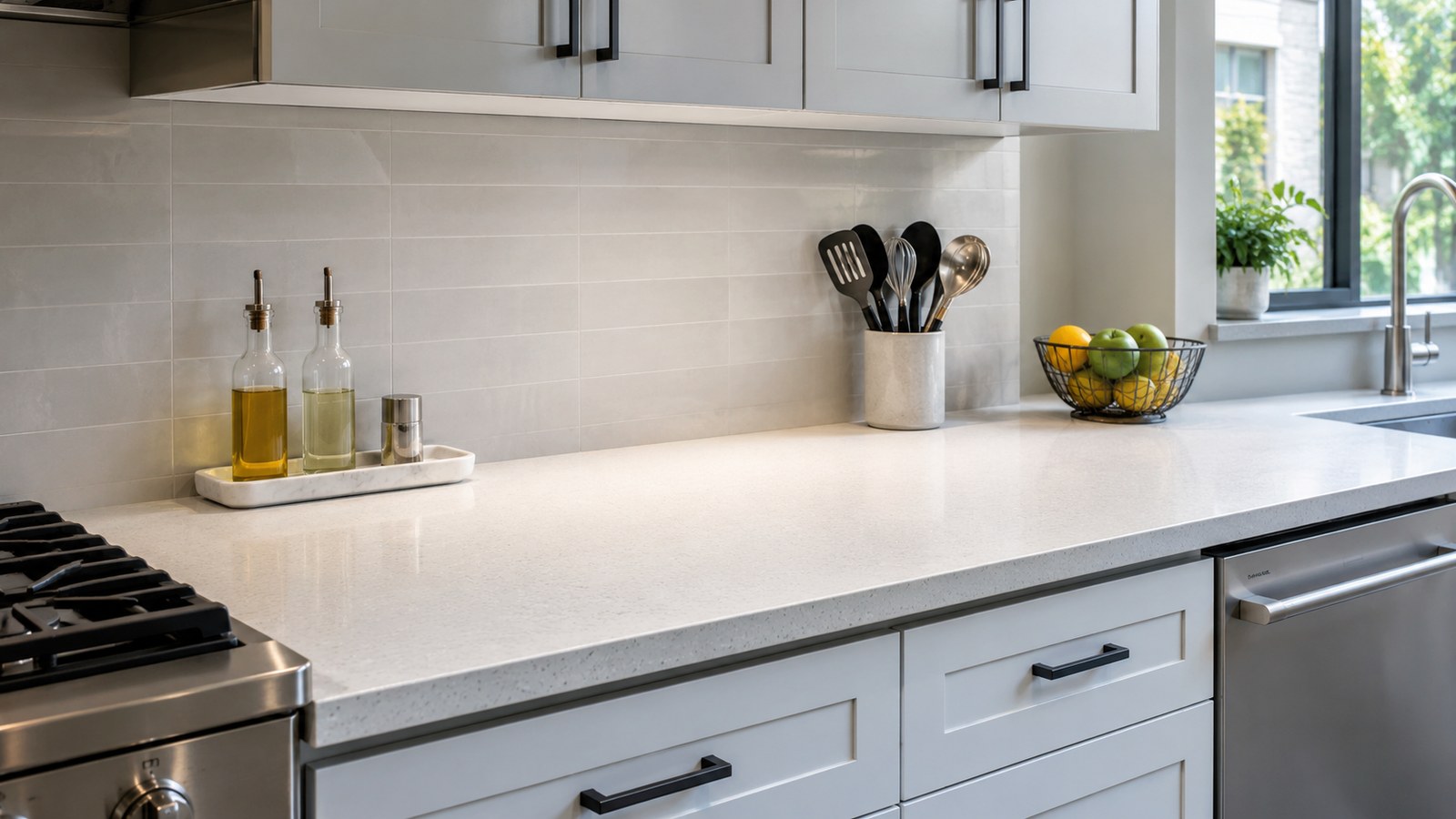 Calm modern kitchen with daily counter items grouped into three small zones and a large work area intentionally left empty.