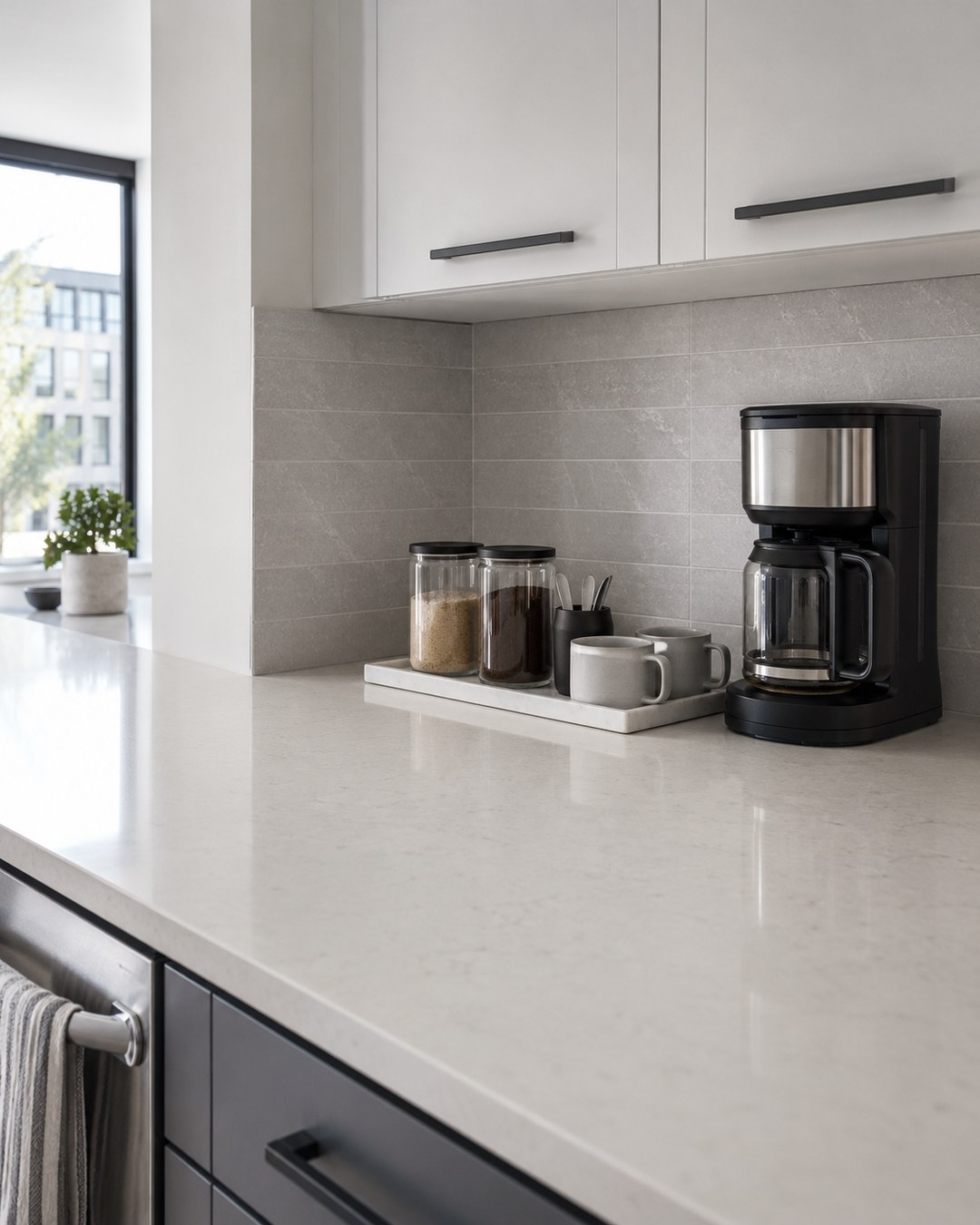 Compact morning coffee zone grouped on one side of a modern kitchen counter while the remaining work surface stays clear.