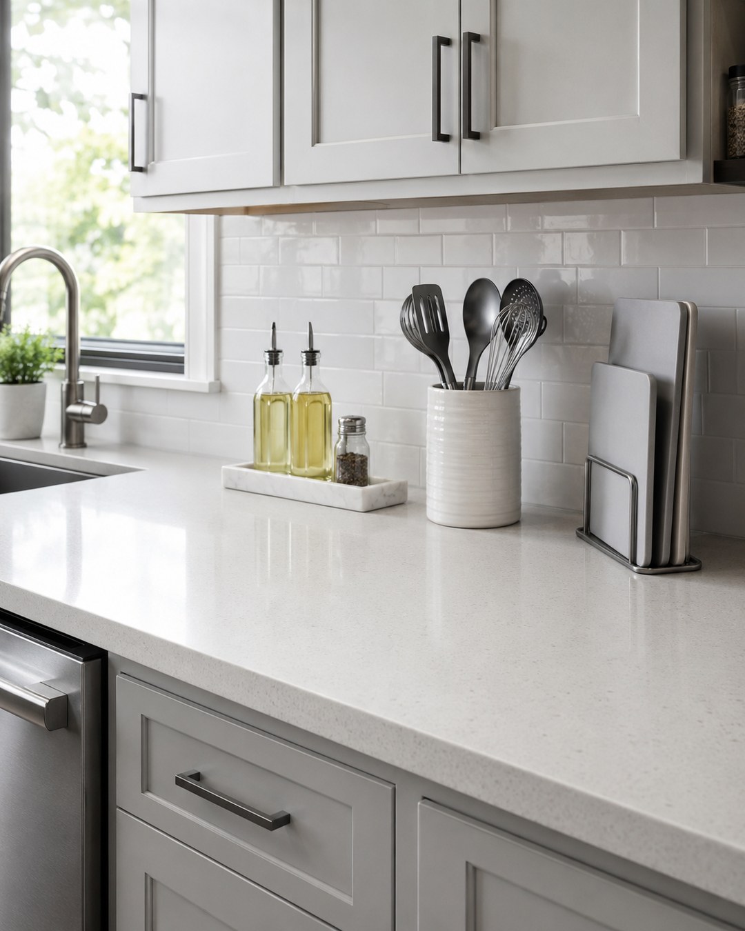 Kitchen prep counter with oil bottles, utensils and cutting boards grouped into compact zones around an open work surface.