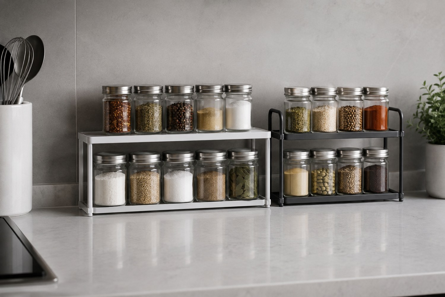 Slim countertop shelf risers and tiered spice organizers using vertical space while leaving counter depth open.