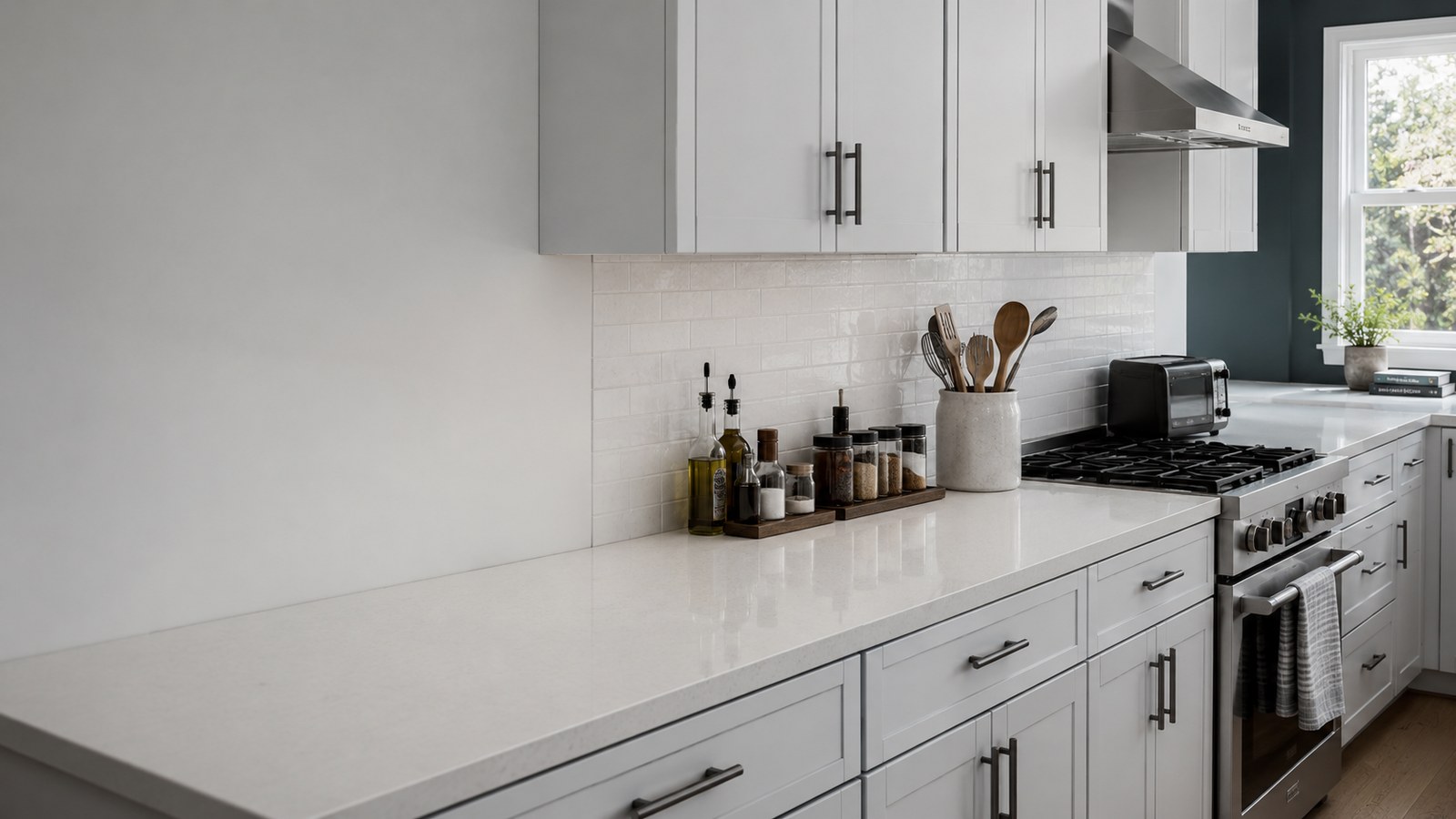 Organized modern kitchen countertop with daily essentials grouped at the back and a clear preparation area left open.