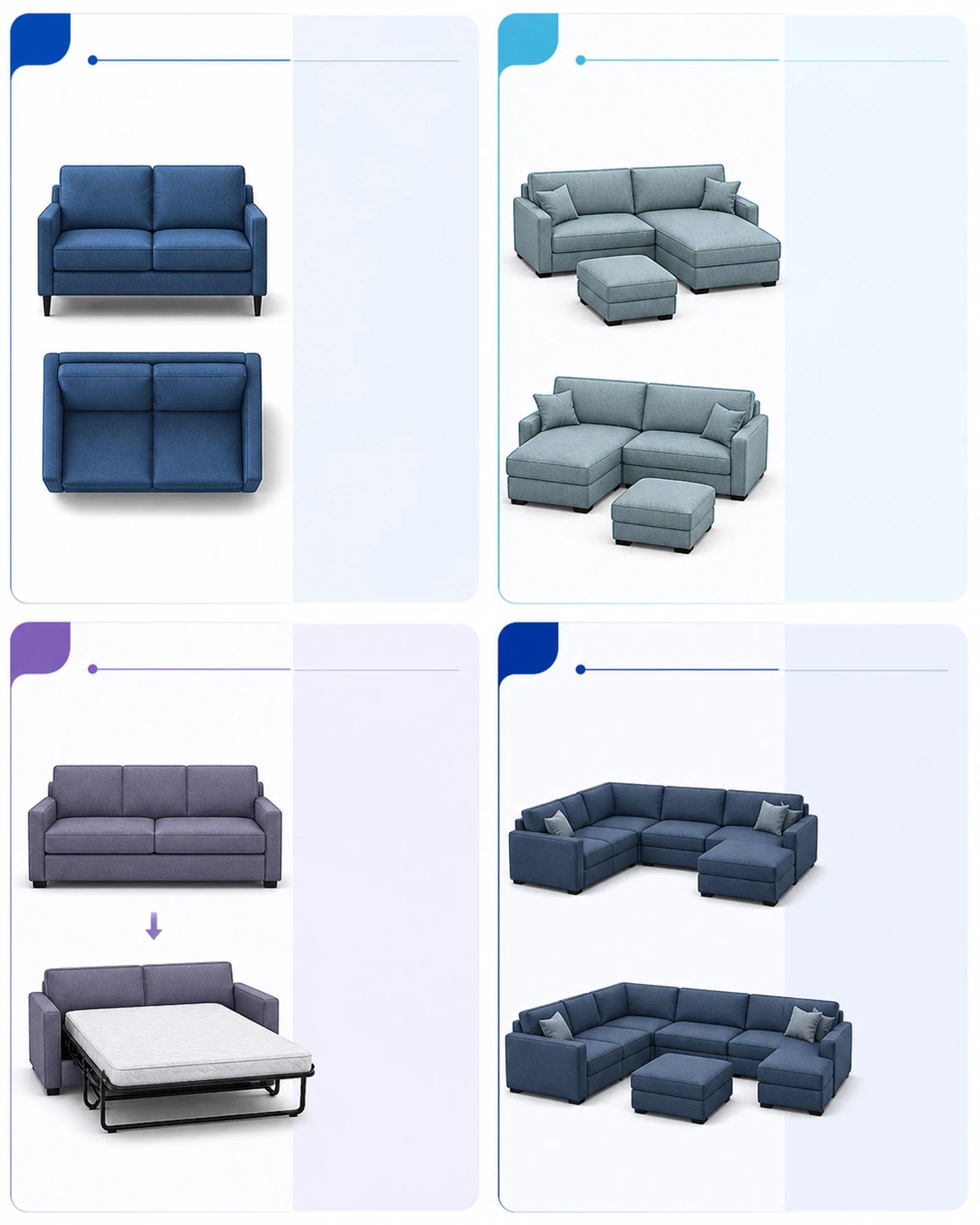 Living Room Furniture - Ravnora Decor Comparison illustration of loveseat, flexible chaise sectional, sleeper, and large modular sectional forms