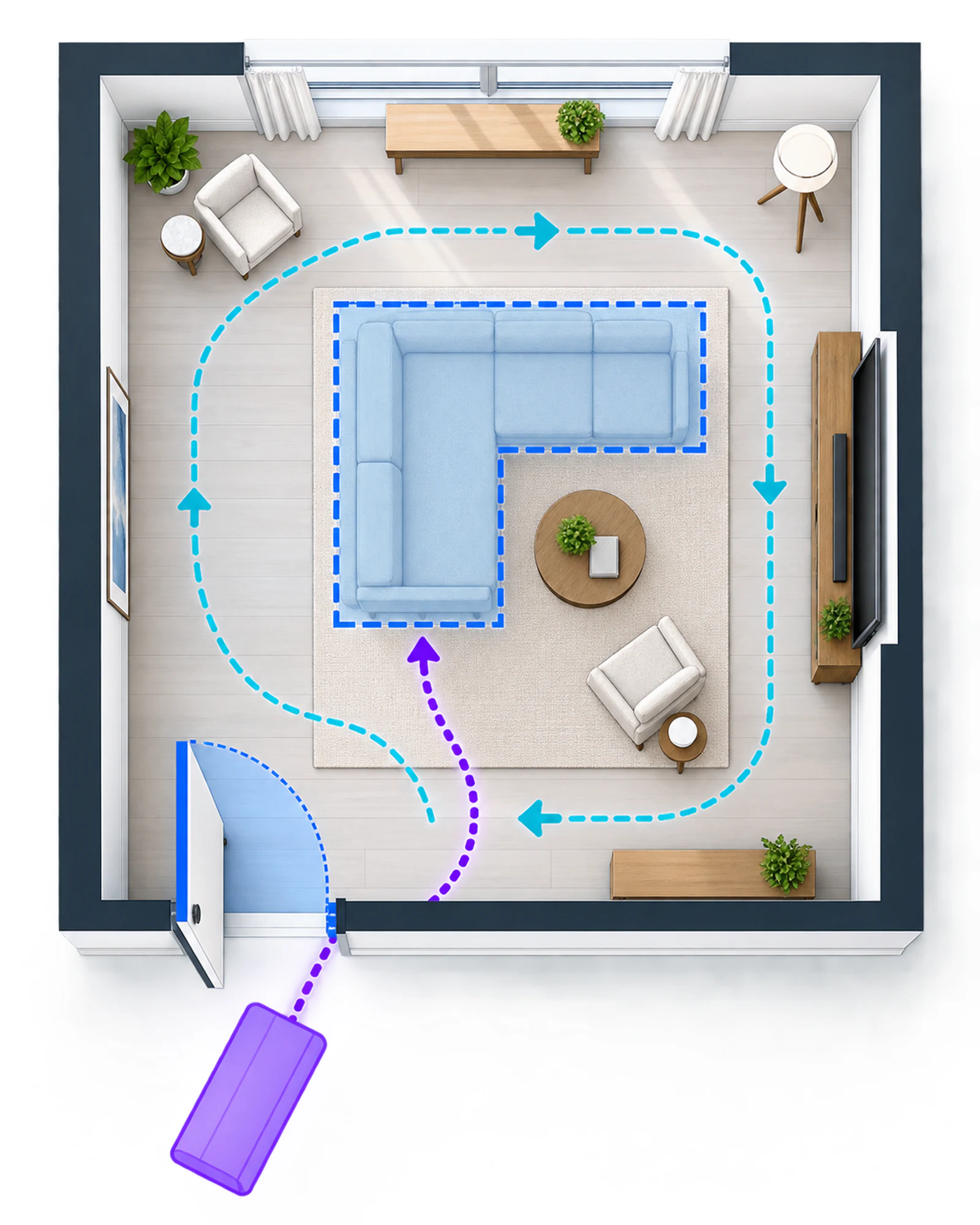 Living Room Furniture - Ravnora Decor Top-down furniture fit diagram showing footprint, door swing, circulation, and delivery path