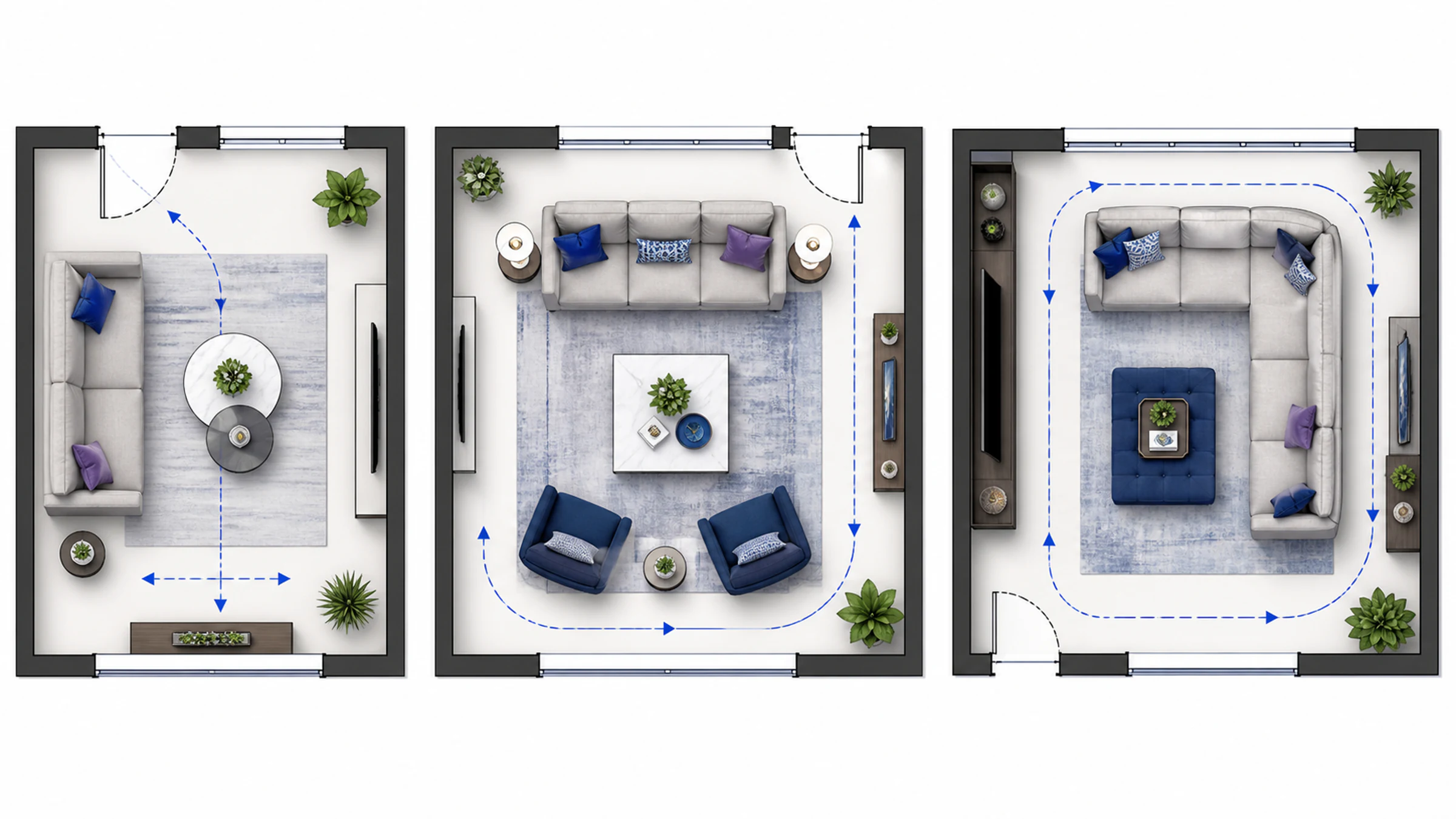 Living Room Furniture - Ravnora Decor Three top-down living-room furniture layouts for compact, conversation, and storage-first needs