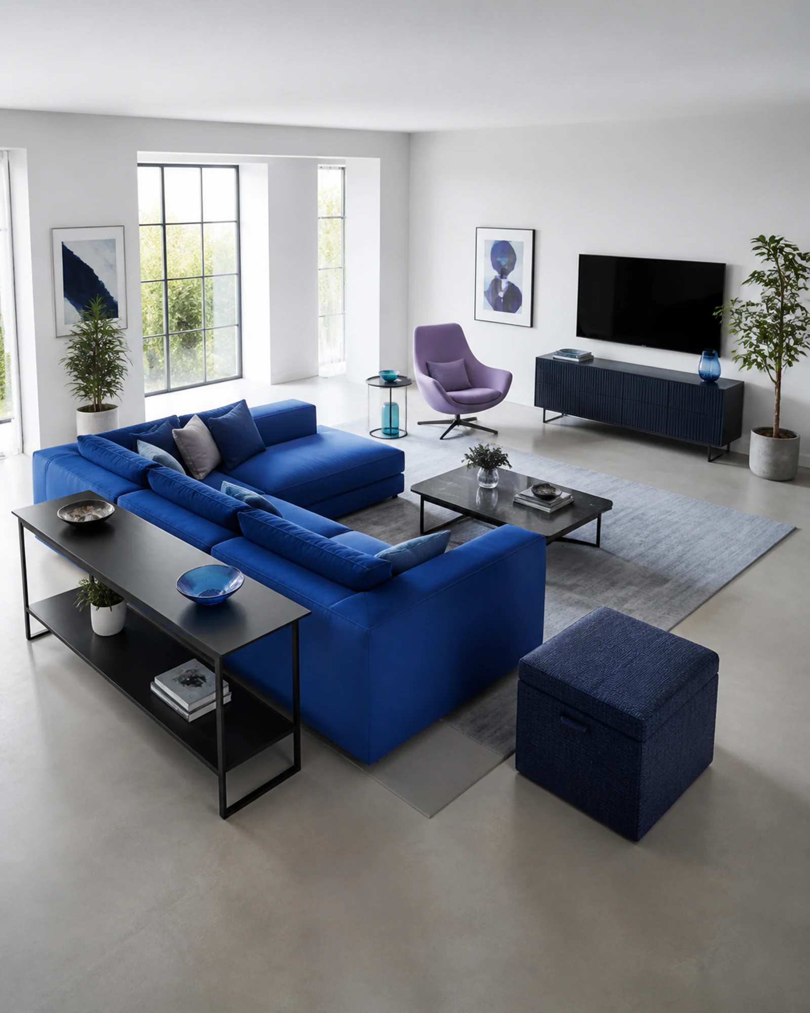 Living Room Furniture - Ravnora Decor Living room scene with an anchor sofa, secondary chair, central table, media storage, ottoman, and console roles