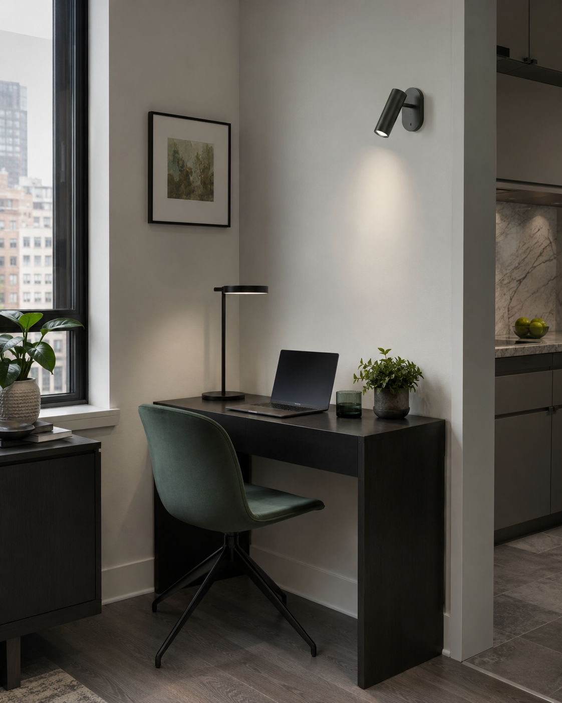 Small rental-friendly office using compact and wall-mounted lighting