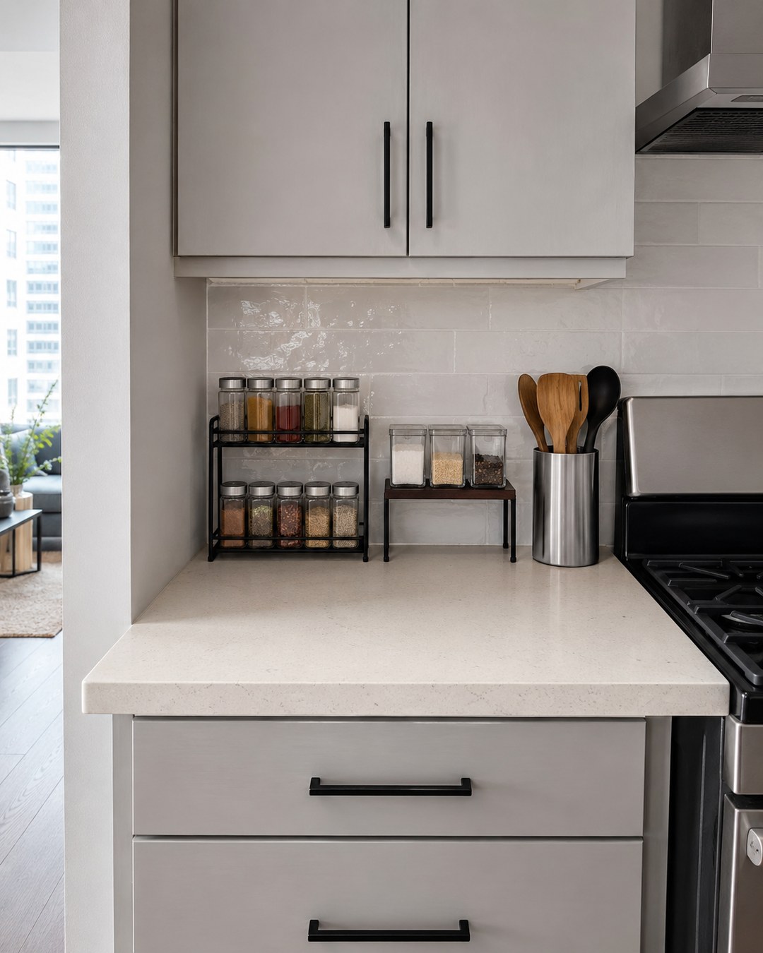 Small apartment kitchen counter using vertical organizers while preserving a clear central preparation space.