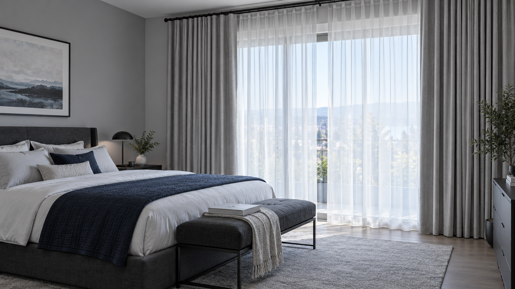 Contemporary bedroom with high-mounted layered curtains and sheers framing a large window in cool daylight.