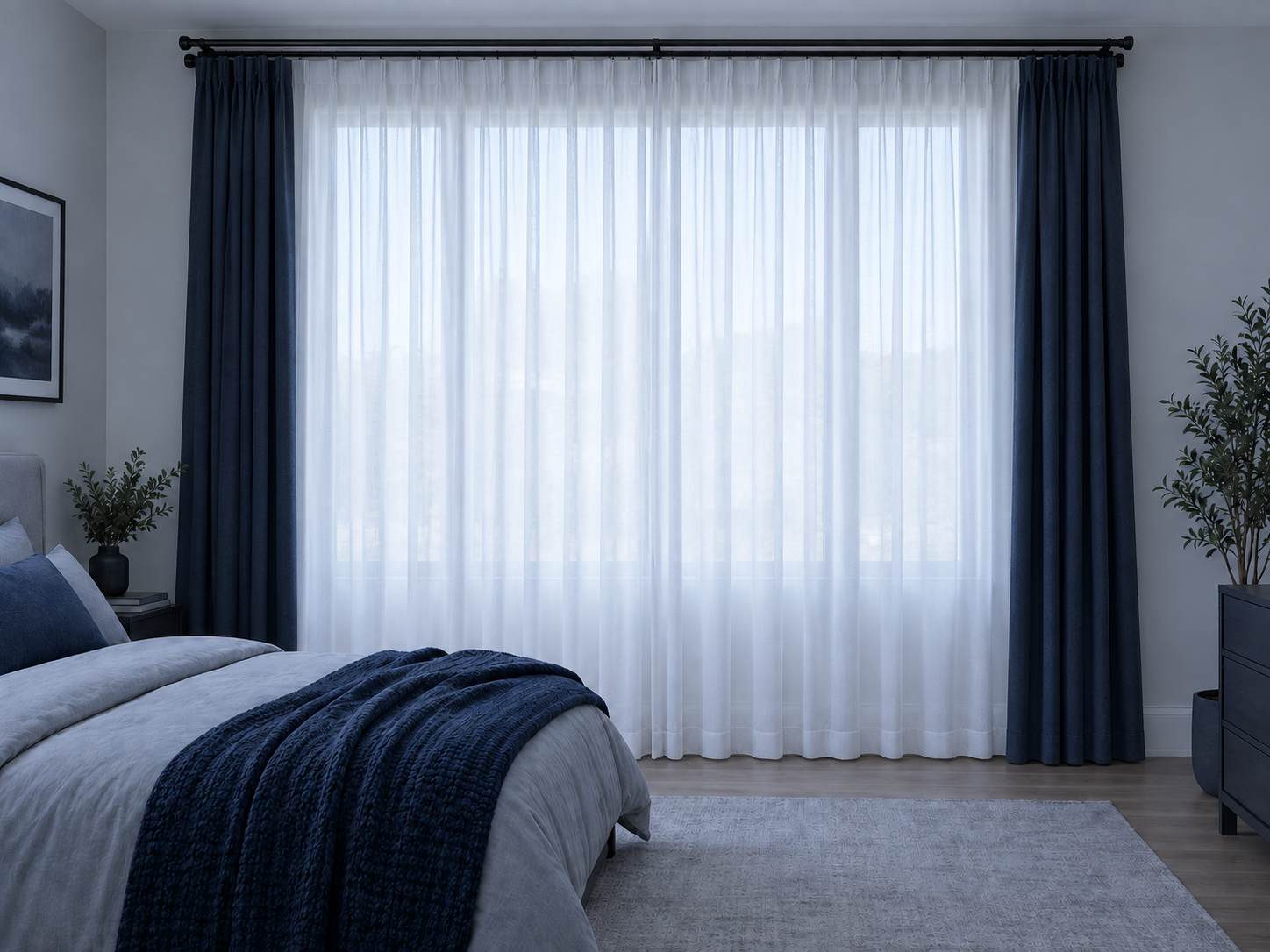 Bedroom window with white semi-sheer curtains filtering cool morning daylight.