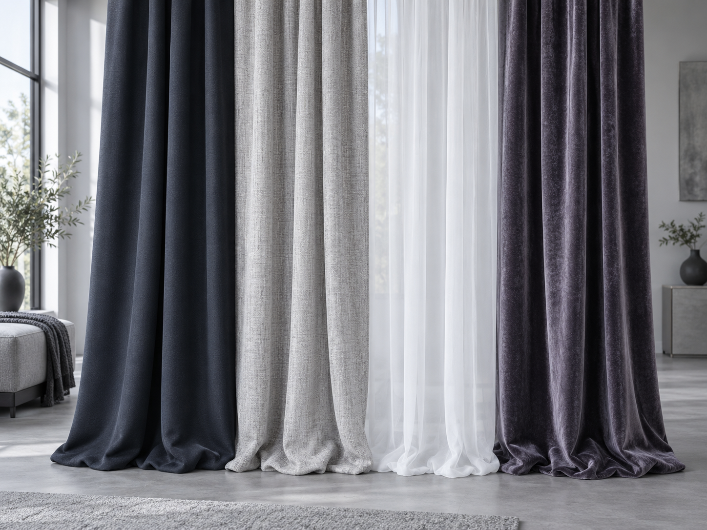 Four curtain fabrics comparing blackout, textured linen-look, semi-sheer and velvet opacity and visual weight.