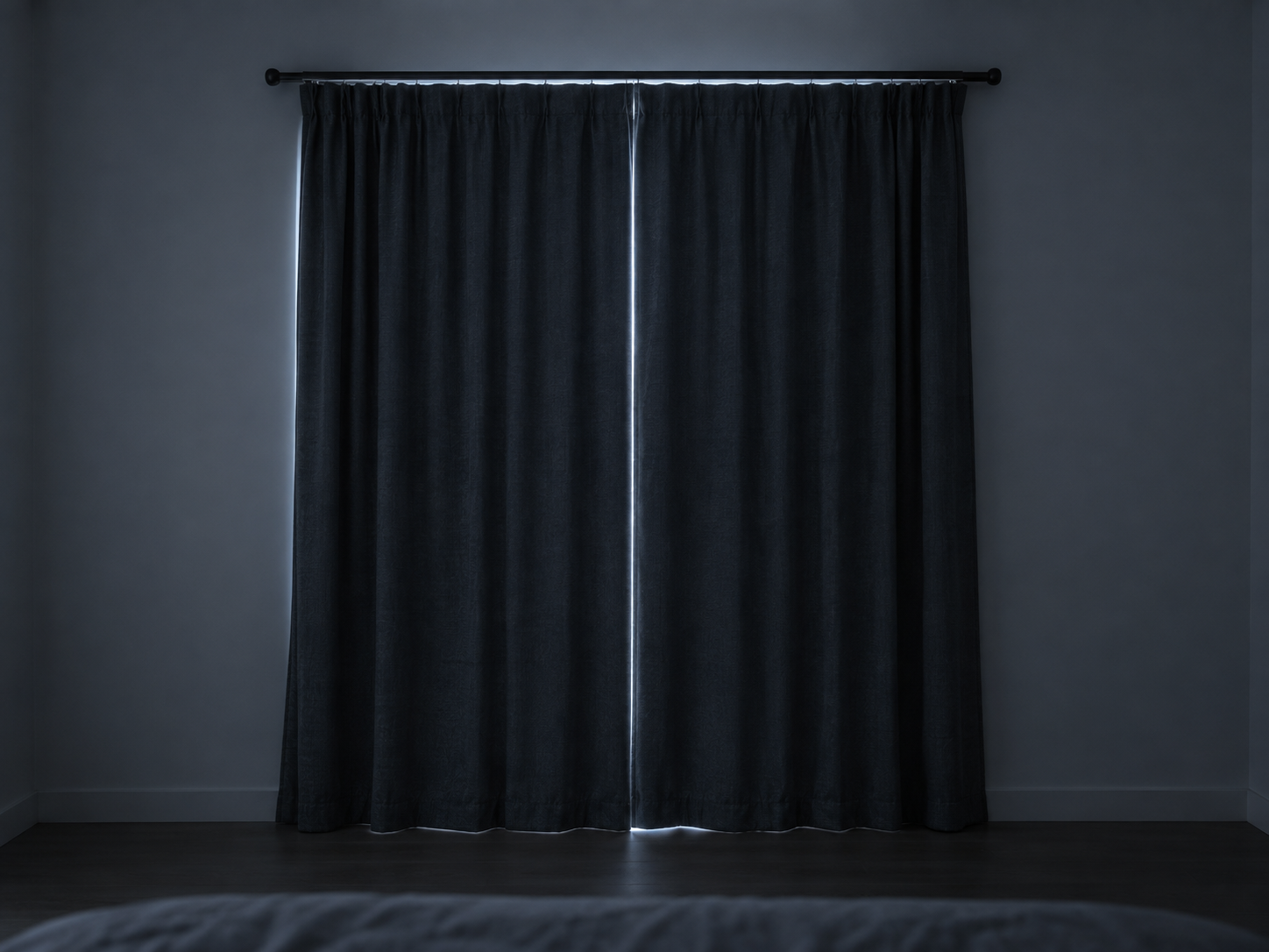 Closed bedroom curtains showing small light gaps around the top, sides, center and bottom of the window.