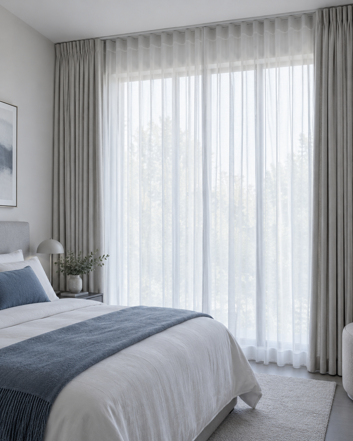 Bright bedroom with tall white sheers softly filtering daylight and outer curtains gathered to the sides.