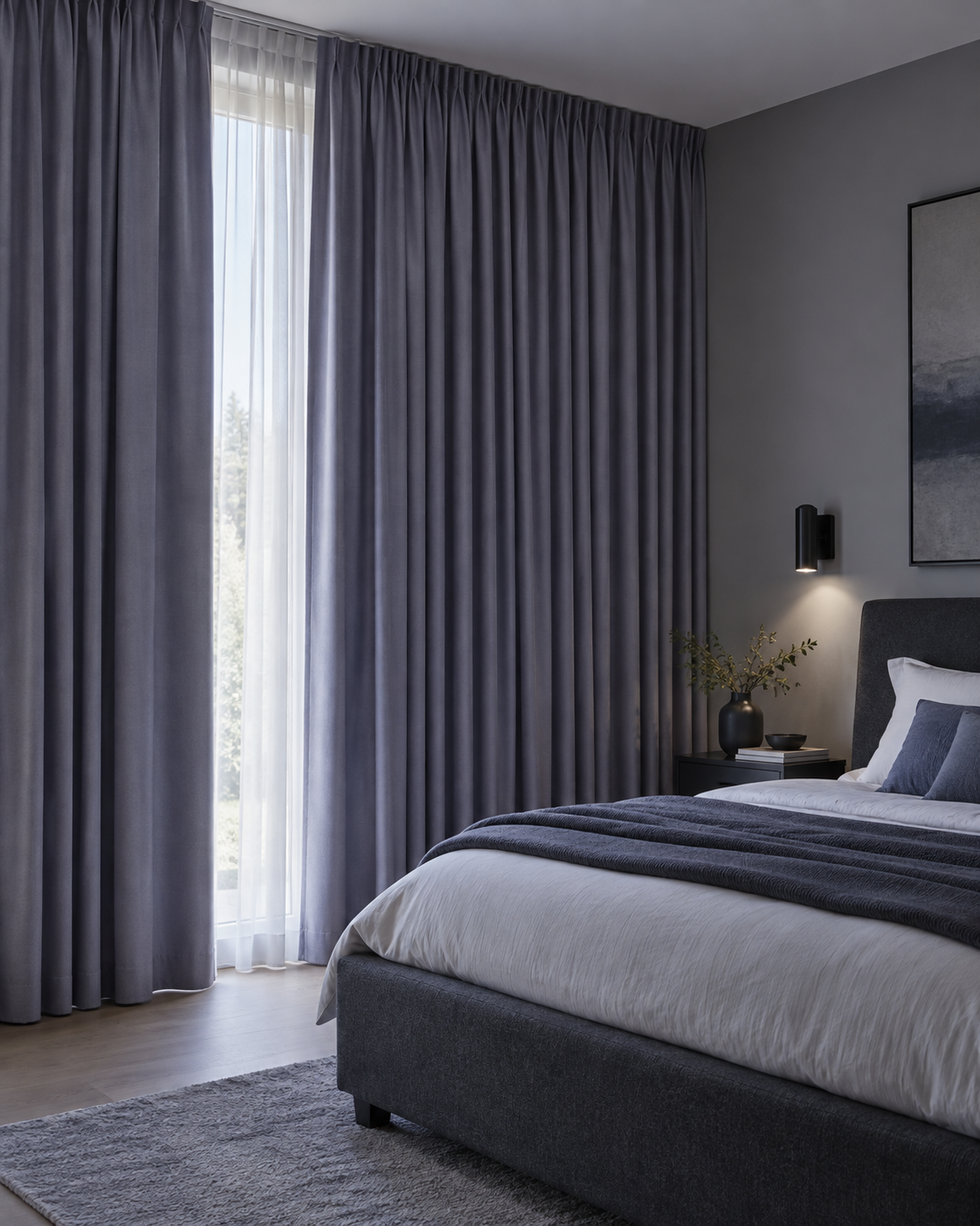 Modern bedroom with ceiling-height pinch-pleated curtains creating a full-wall hotel-style treatment.