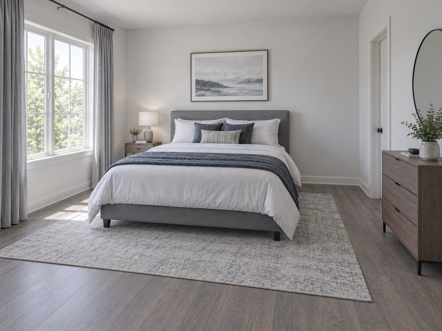 Bedroom Furniture - Ravnora Decor Bedroom edited to a bed, one slim nightstand and compact dresser with generous walking space.